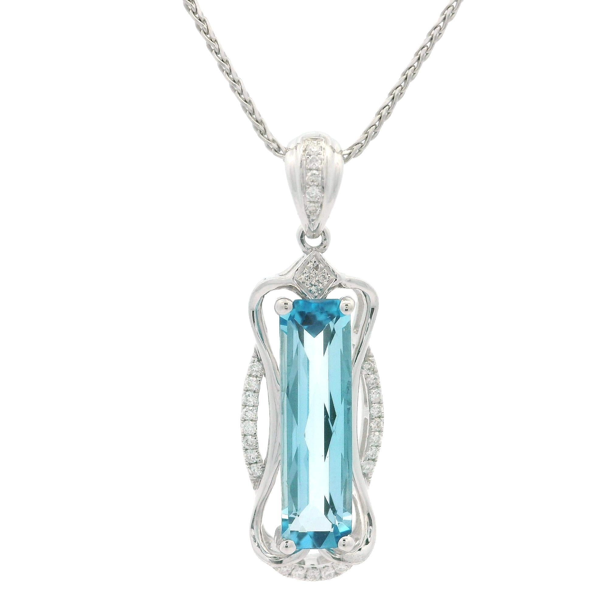 Women's Modern 14k White Gold Long Blue Topaz & Diamond Pendant 18