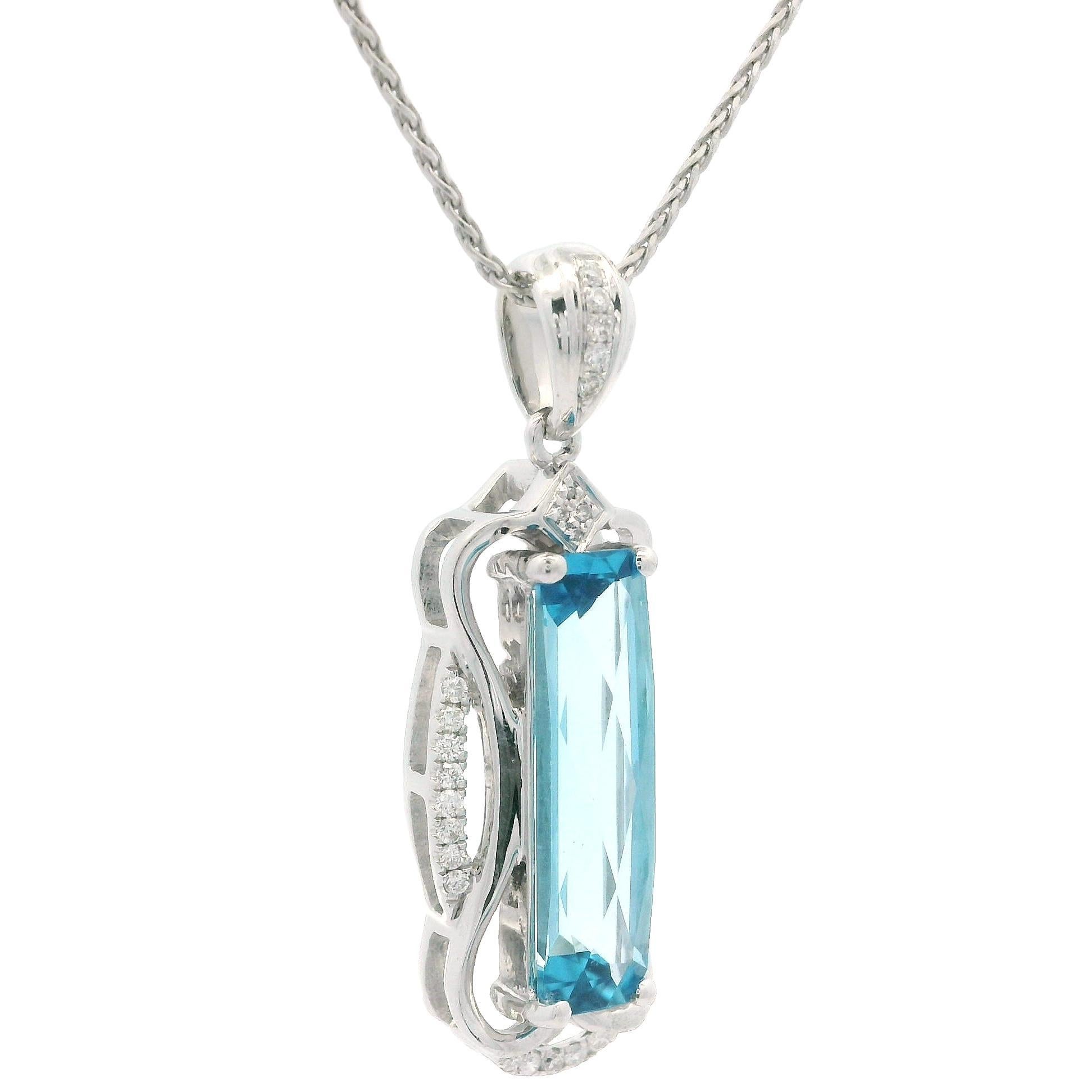 Modern 14k White Gold Long Blue Topaz & Diamond Pendant 18