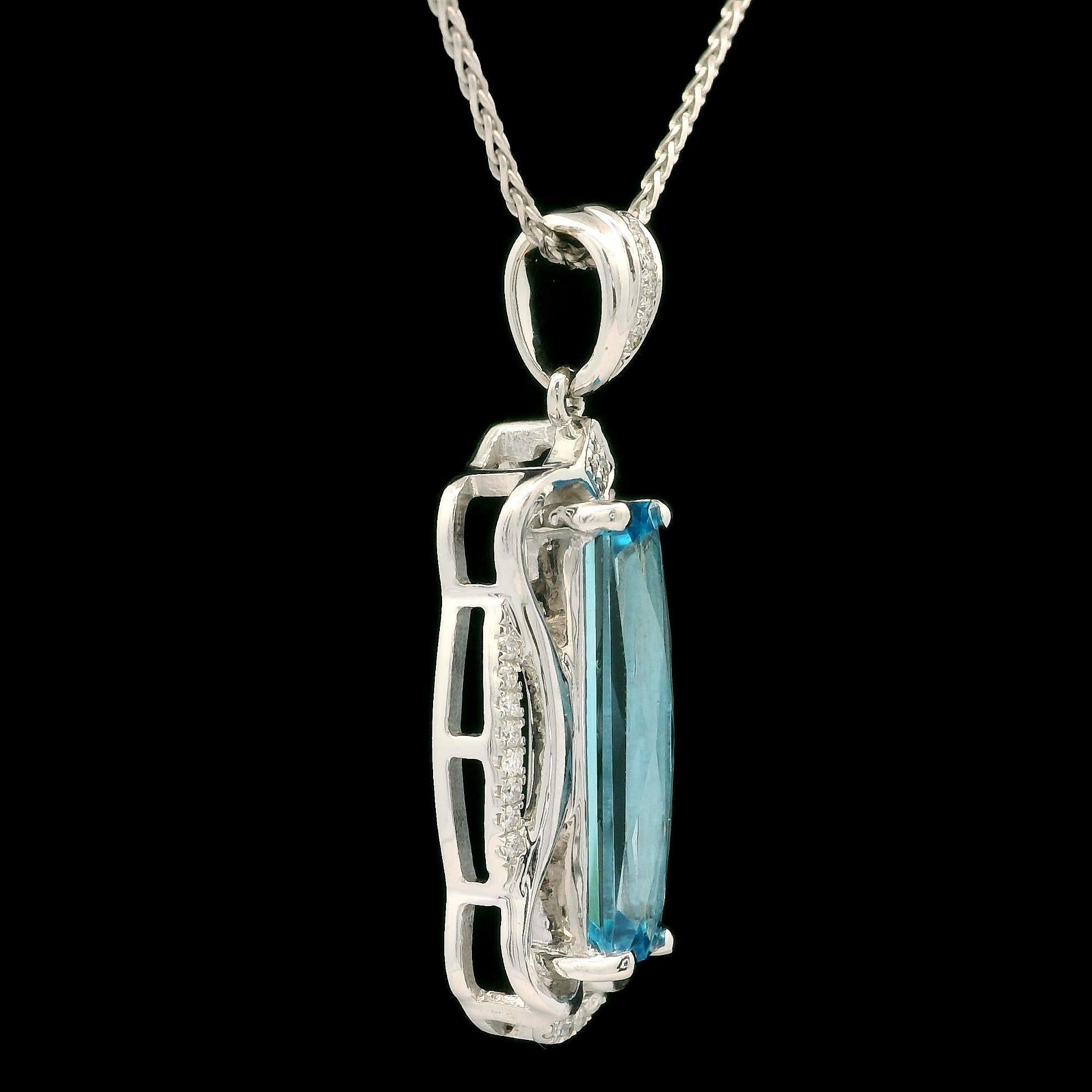 Modern 14k White Gold Long Blue Topaz & Diamond Pendant 18