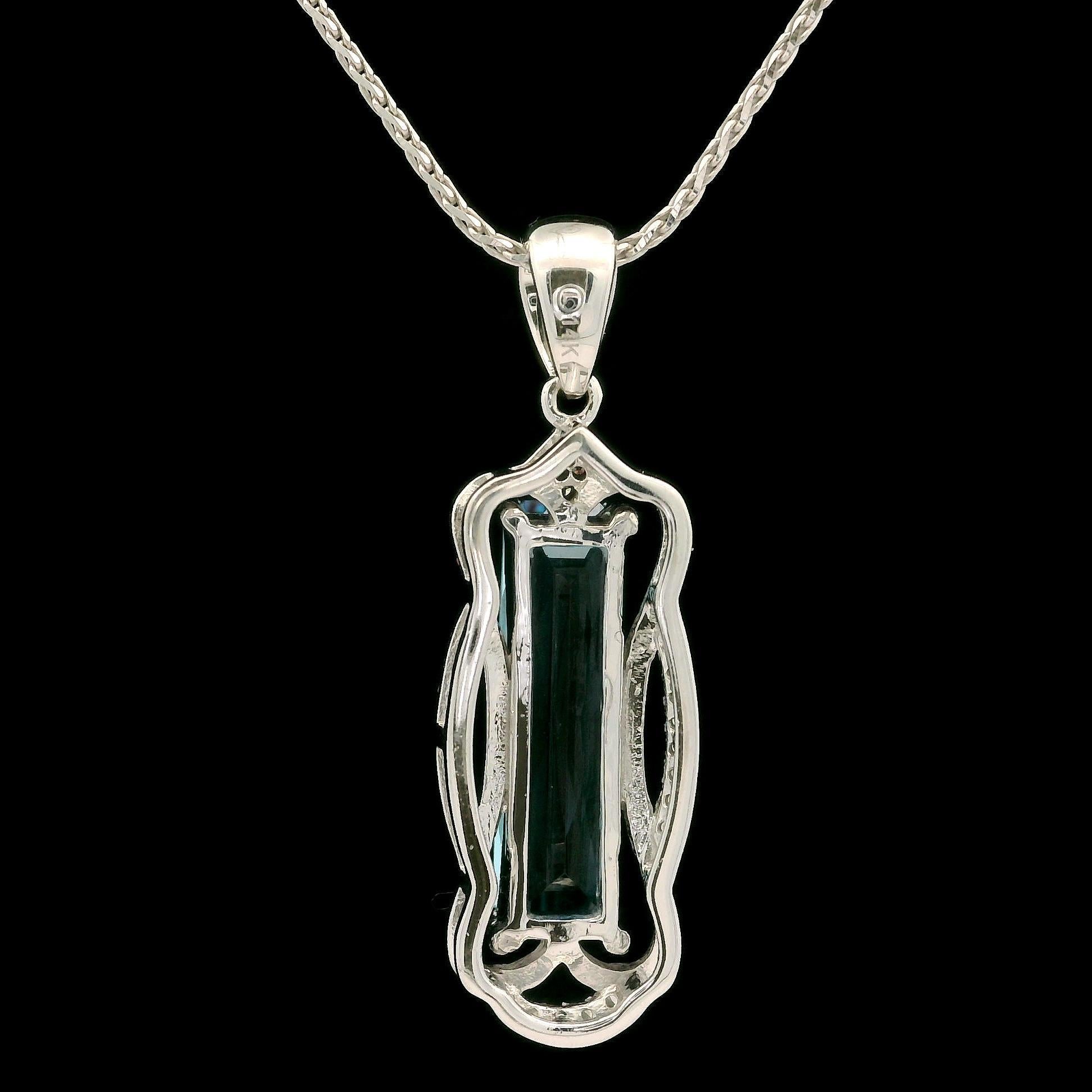 Modern 14k White Gold Long Blue Topaz & Diamond Pendant 18