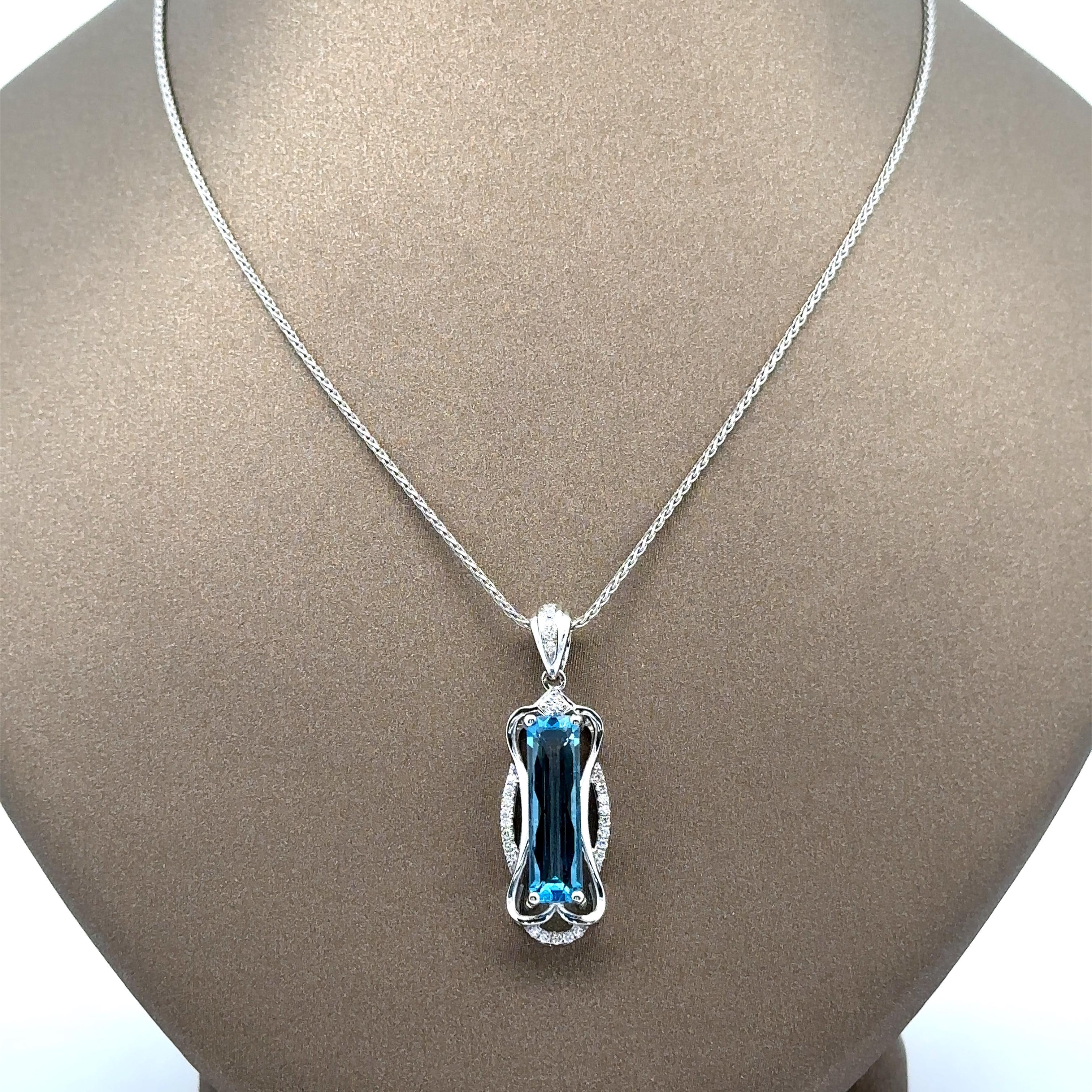 Modern 14k White Gold Long Blue Topaz & Diamond Pendant 18