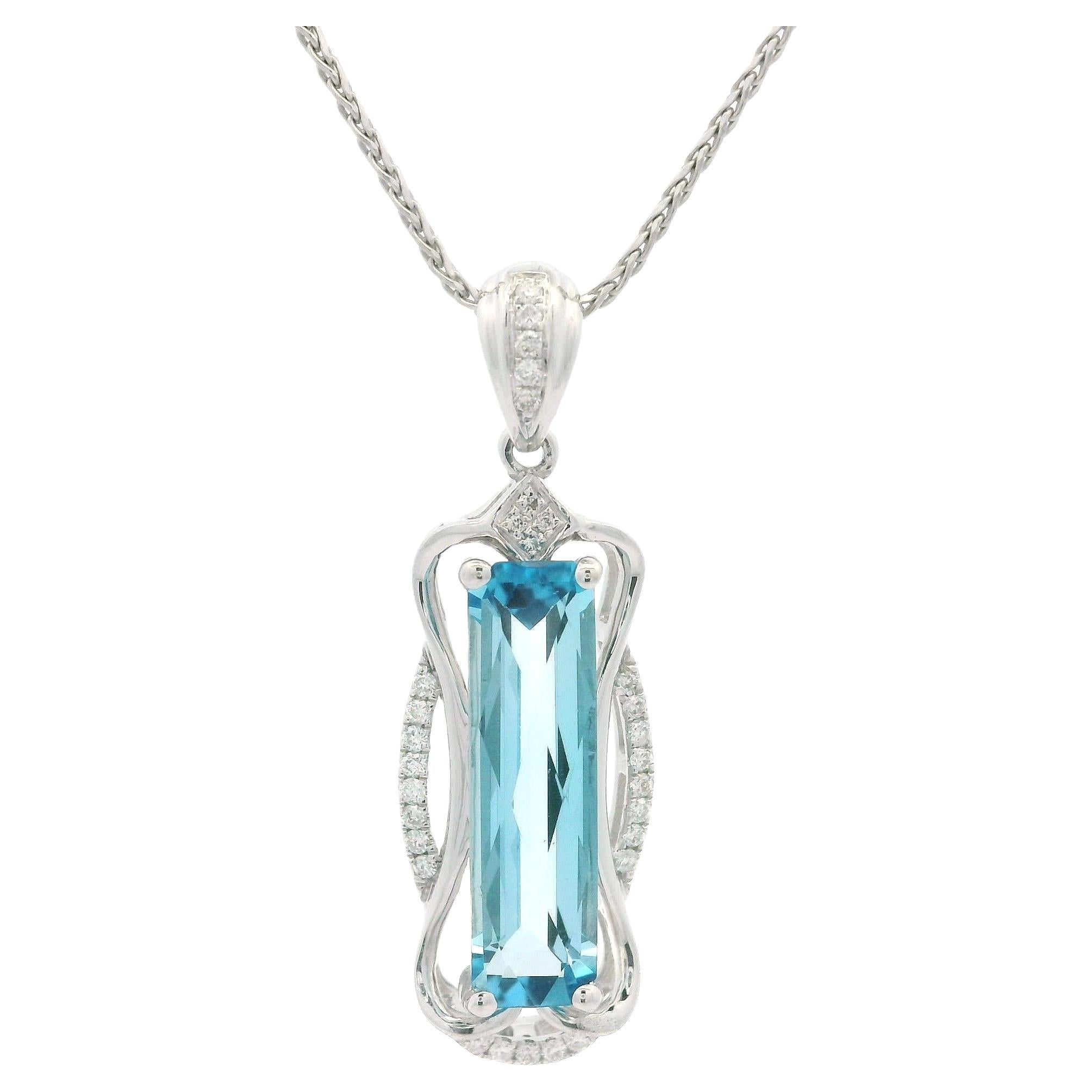 Modern 14k White Gold Long Blue Topaz & Diamond Pendant 18" Wheat Chain For Sale