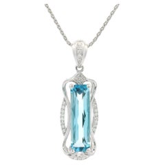 Modern 14k White Gold Long Blue Topaz & Diamond Pendant 18" Wheat Chain
