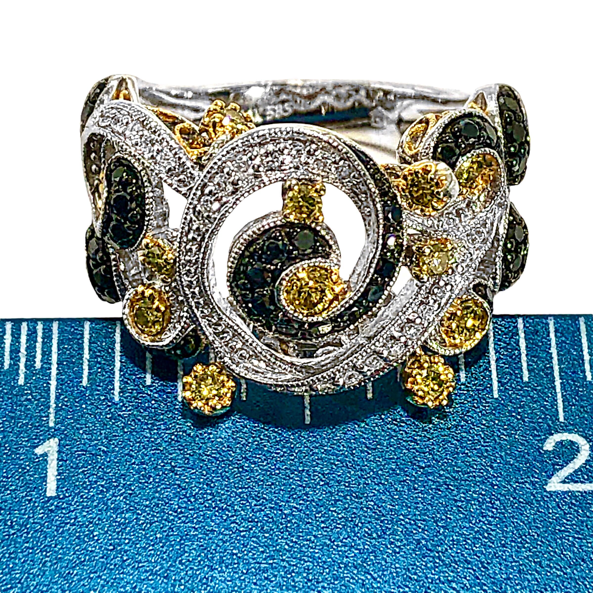 Modern 14K White Gold Ring with Fancy Yellow and Black Diamonds in Swirl Motif 5
