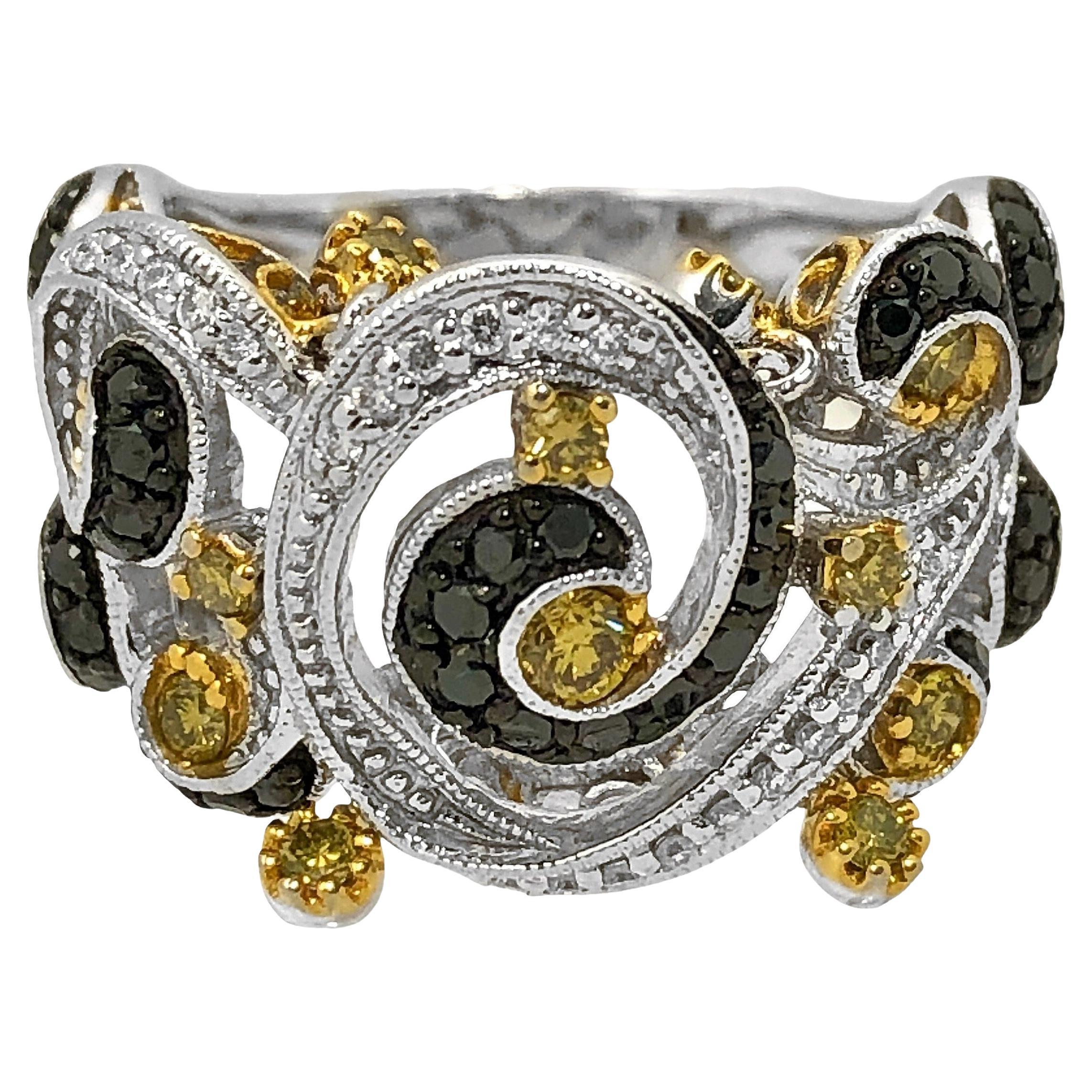 Brilliant Cut Modern 14K White Gold Ring with Fancy Yellow and Black Diamonds in Swirl Motif