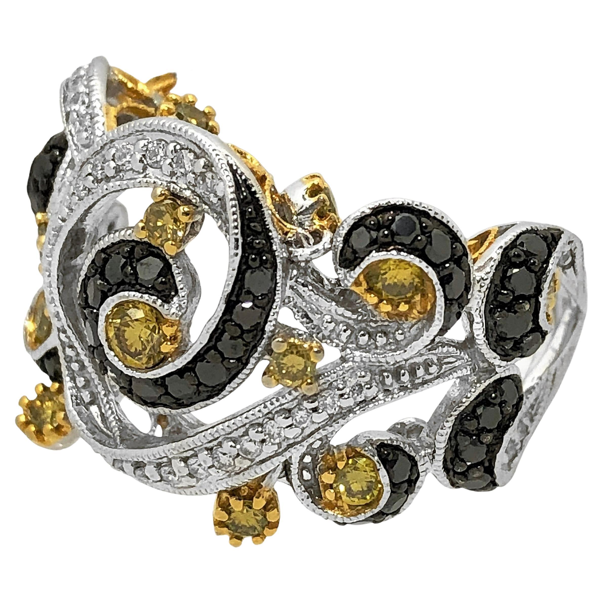 Modern 14K White Gold Ring with Fancy Yellow and Black Diamonds in Swirl Motif In Good Condition In Palm Beach, FL