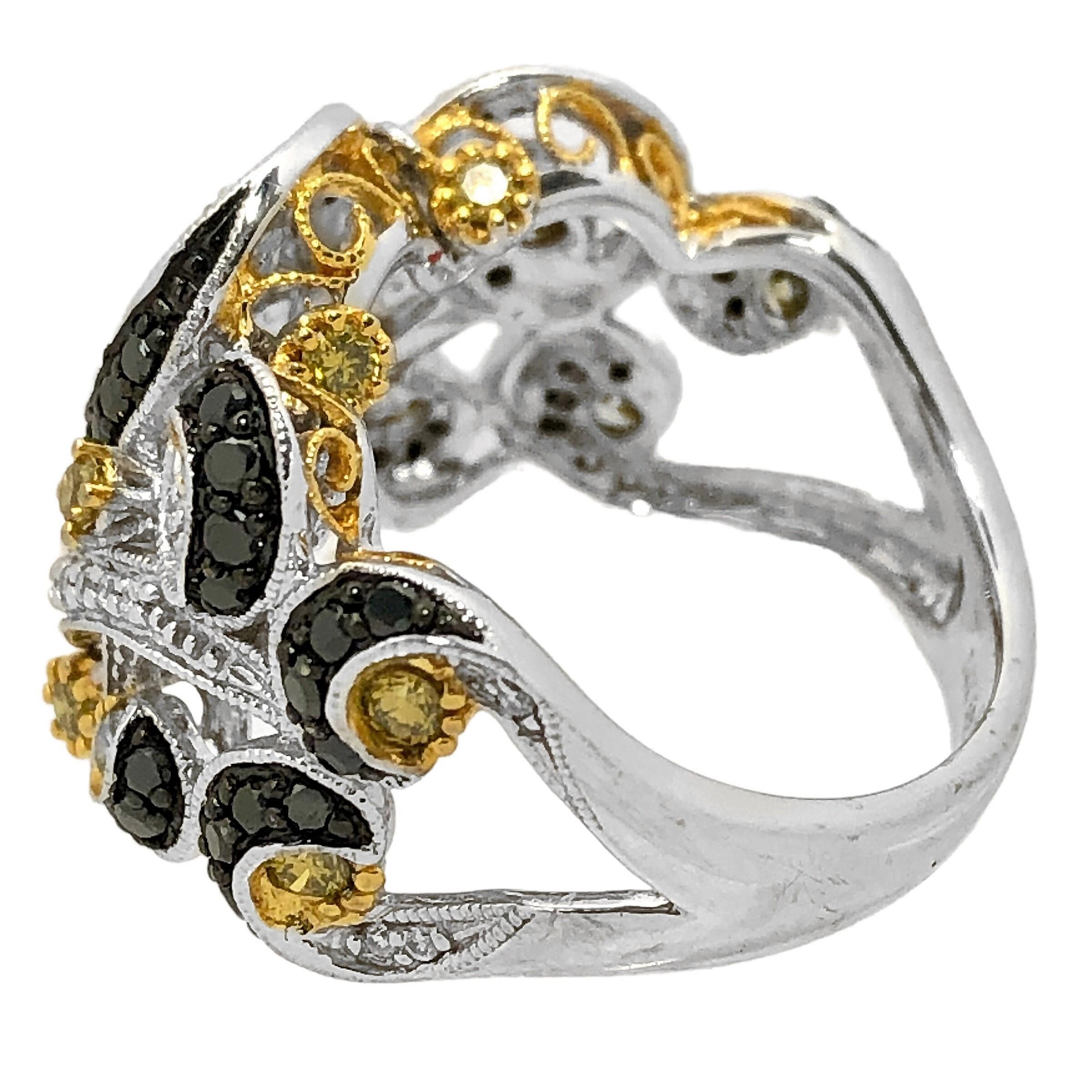 Women's Modern 14K White Gold Ring with Fancy Yellow and Black Diamonds in Swirl Motif