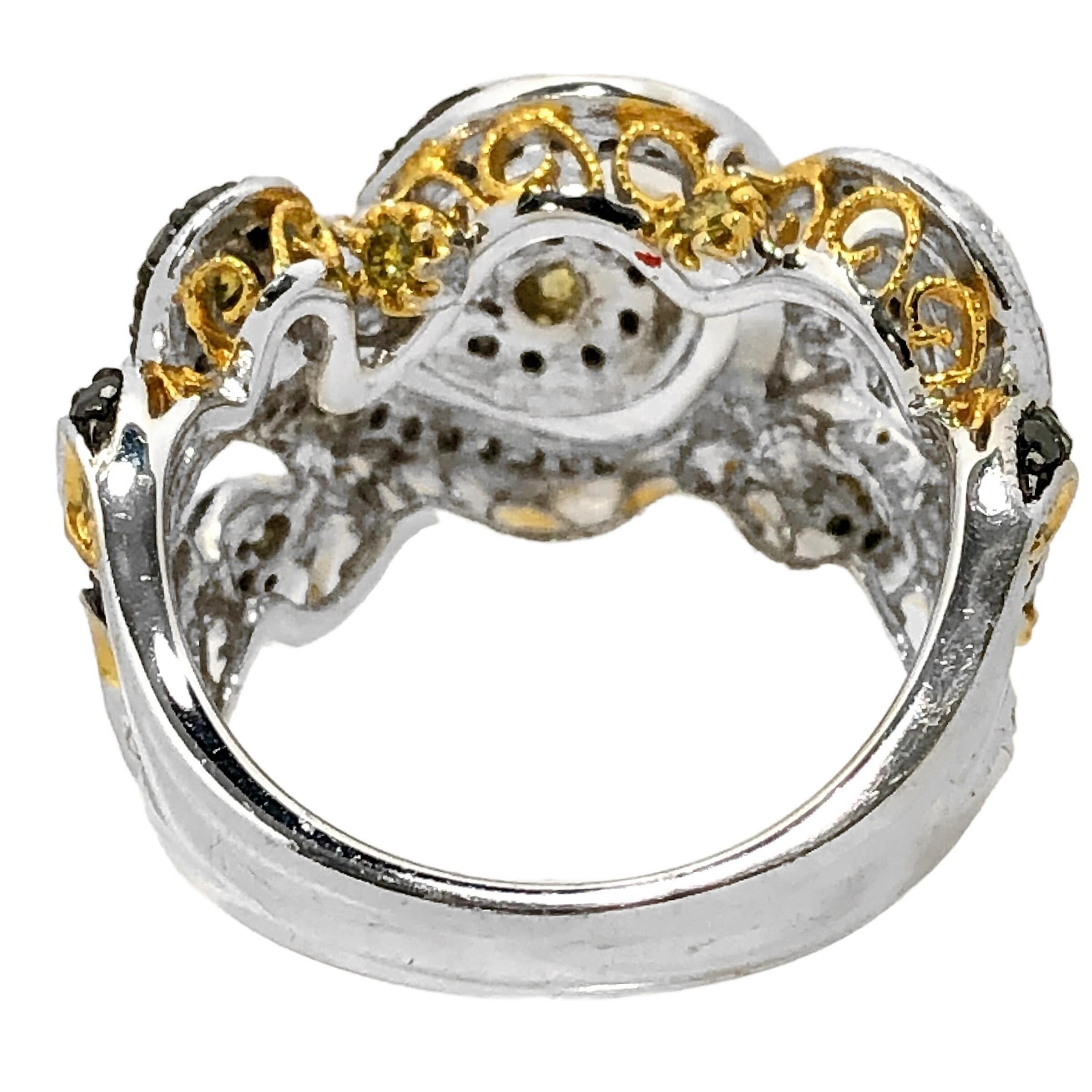 Modern 14K White Gold Ring with Fancy Yellow and Black Diamonds in Swirl Motif 1