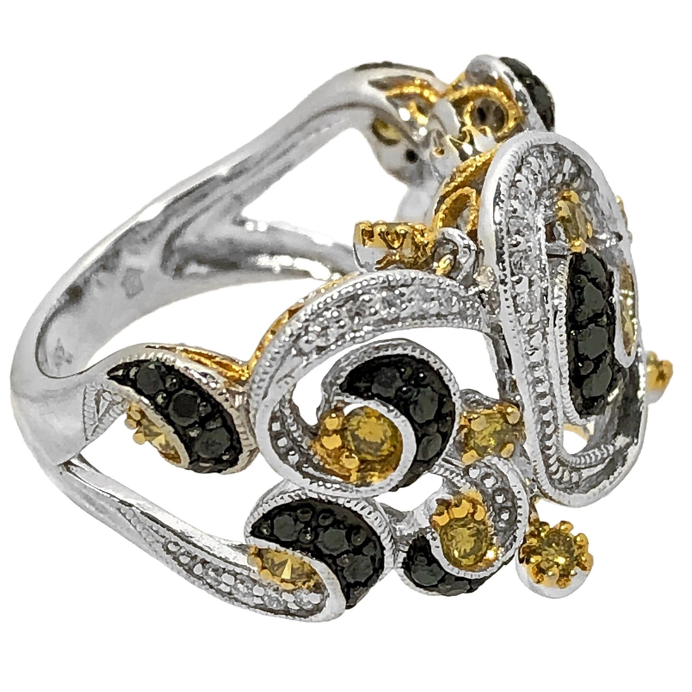 Modern 14K White Gold Ring with Fancy Yellow and Black Diamonds in Swirl Motif 2