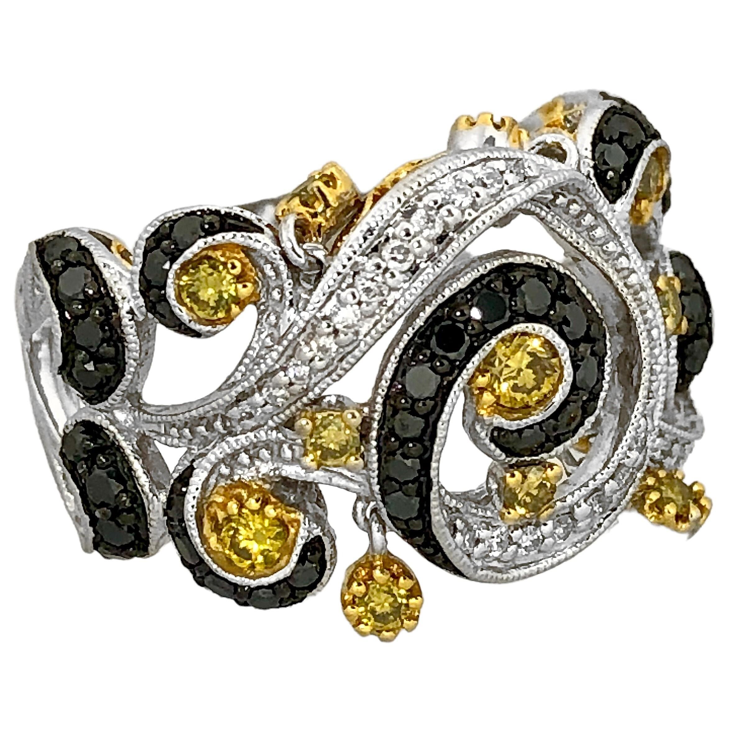 Modern 14K White Gold Ring with Fancy Yellow and Black Diamonds in Swirl Motif 3