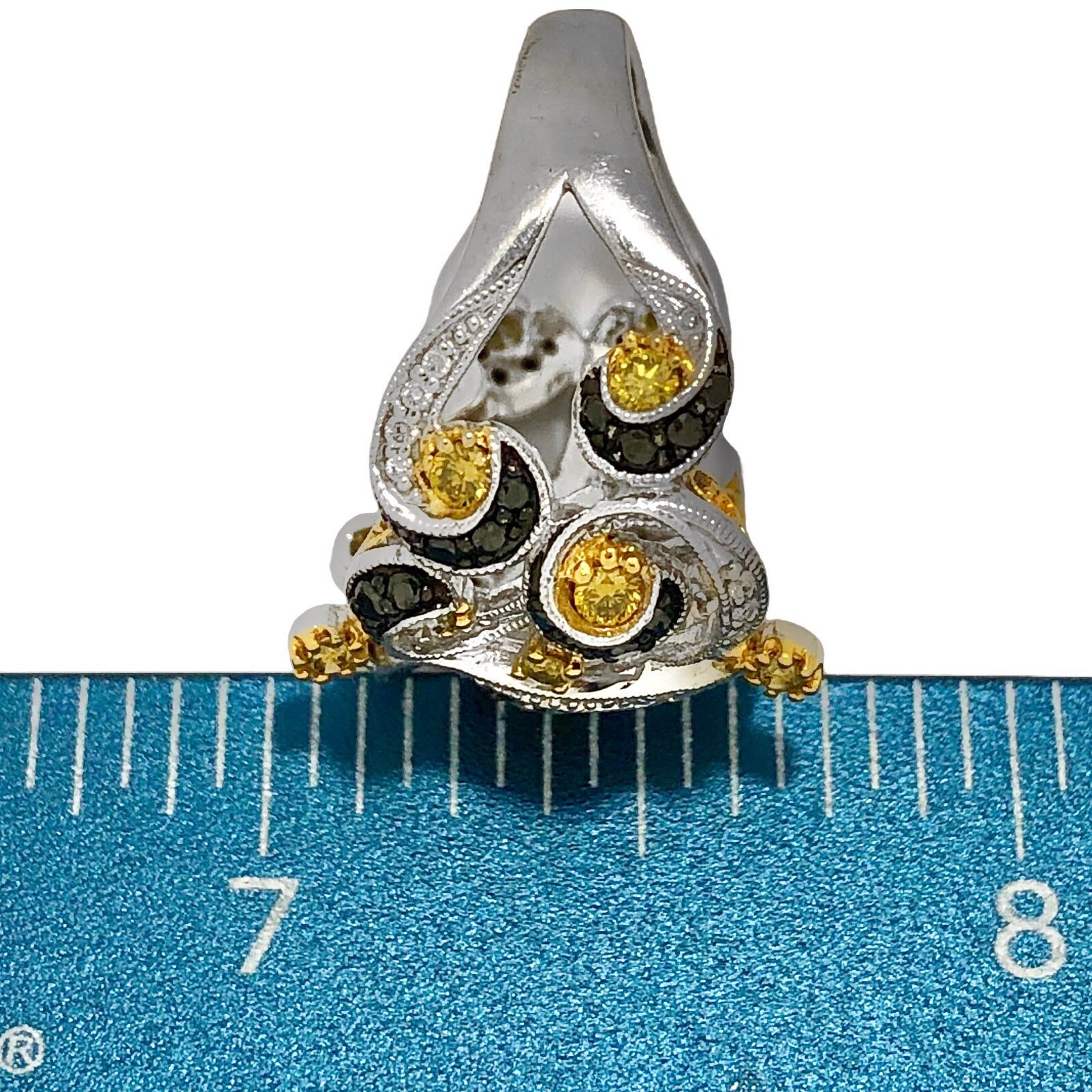Modern 14K White Gold Ring with Fancy Yellow and Black Diamonds in Swirl Motif 4
