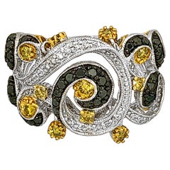 Modern 14K White Gold Ring with Fancy Yellow and Black Diamonds in Swirl Motif