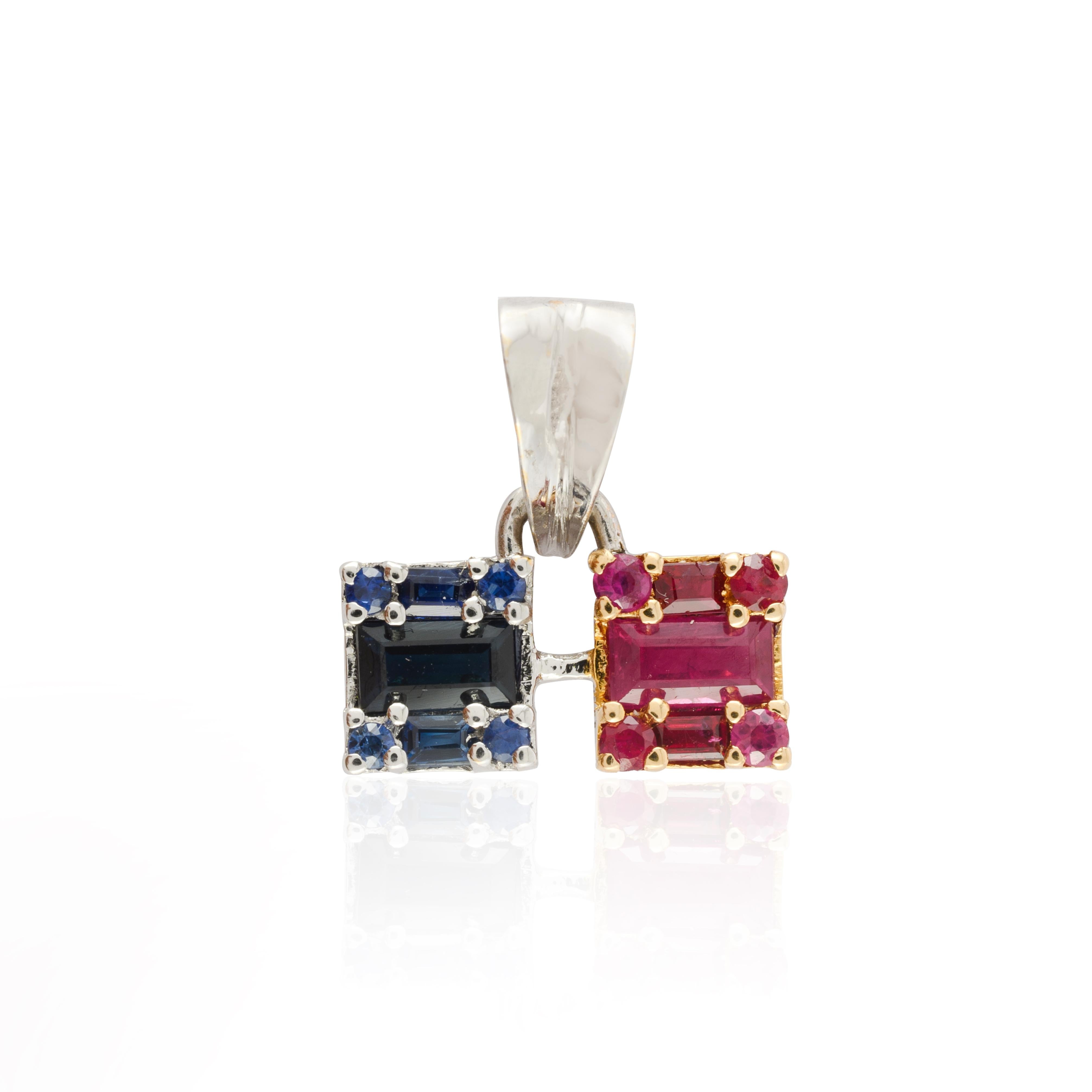 Ruby Sapphire Cluster Pendant studded with round and baguette cut sapphire and ruby in 14k Gold. This stunning piece of jewelry instantly elevates a casual look or dressy outfit. 
Sapphire stimulates concentration and reduces stress and ruby