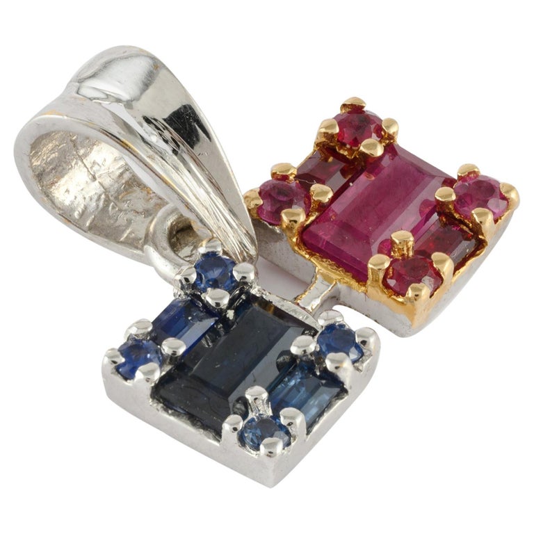 Minimal 14K White Gold Ruby Sapphire Cluster Pendant For Sale at 1stDibs
