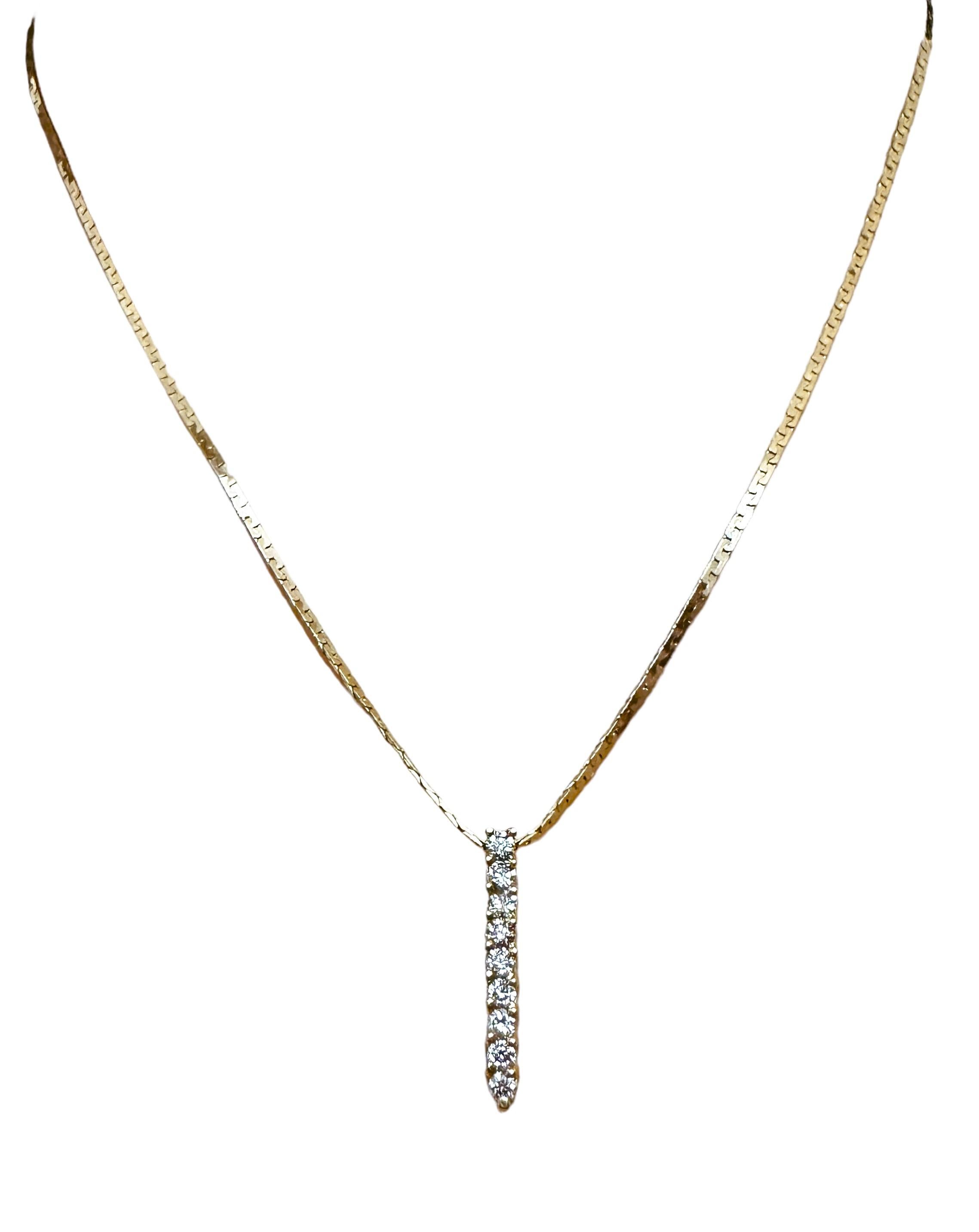 Art Deco Modern 14k Yellow Gold .54 ct Diamond Vertical Bar Pendant Necklace 18