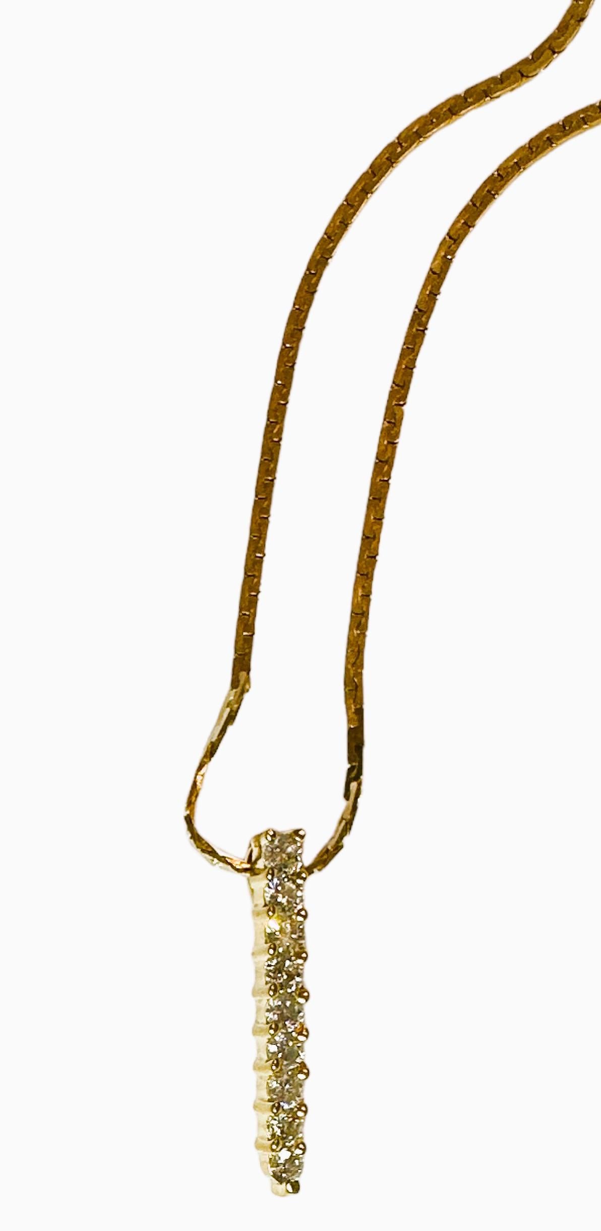 Moderne 14k Gelbgold .54 Karat Diamant Vertikaler Bar-Anhänger Halskette 18