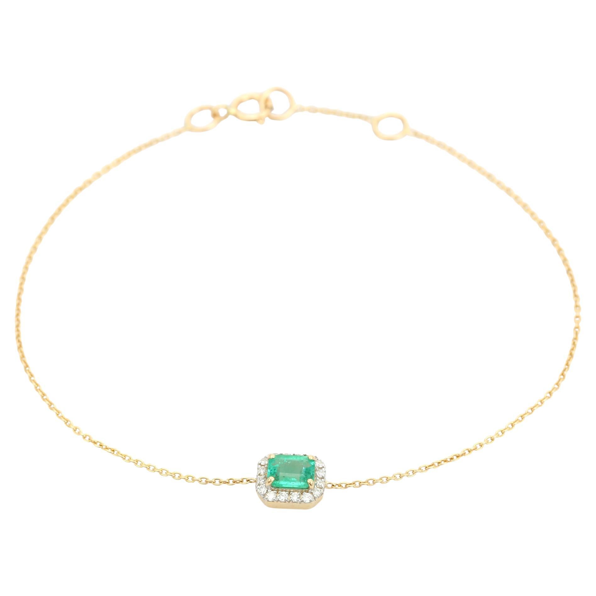 Bracciale moderno a catena in oro giallo 14K con smeraldo e diamante a raggiera
