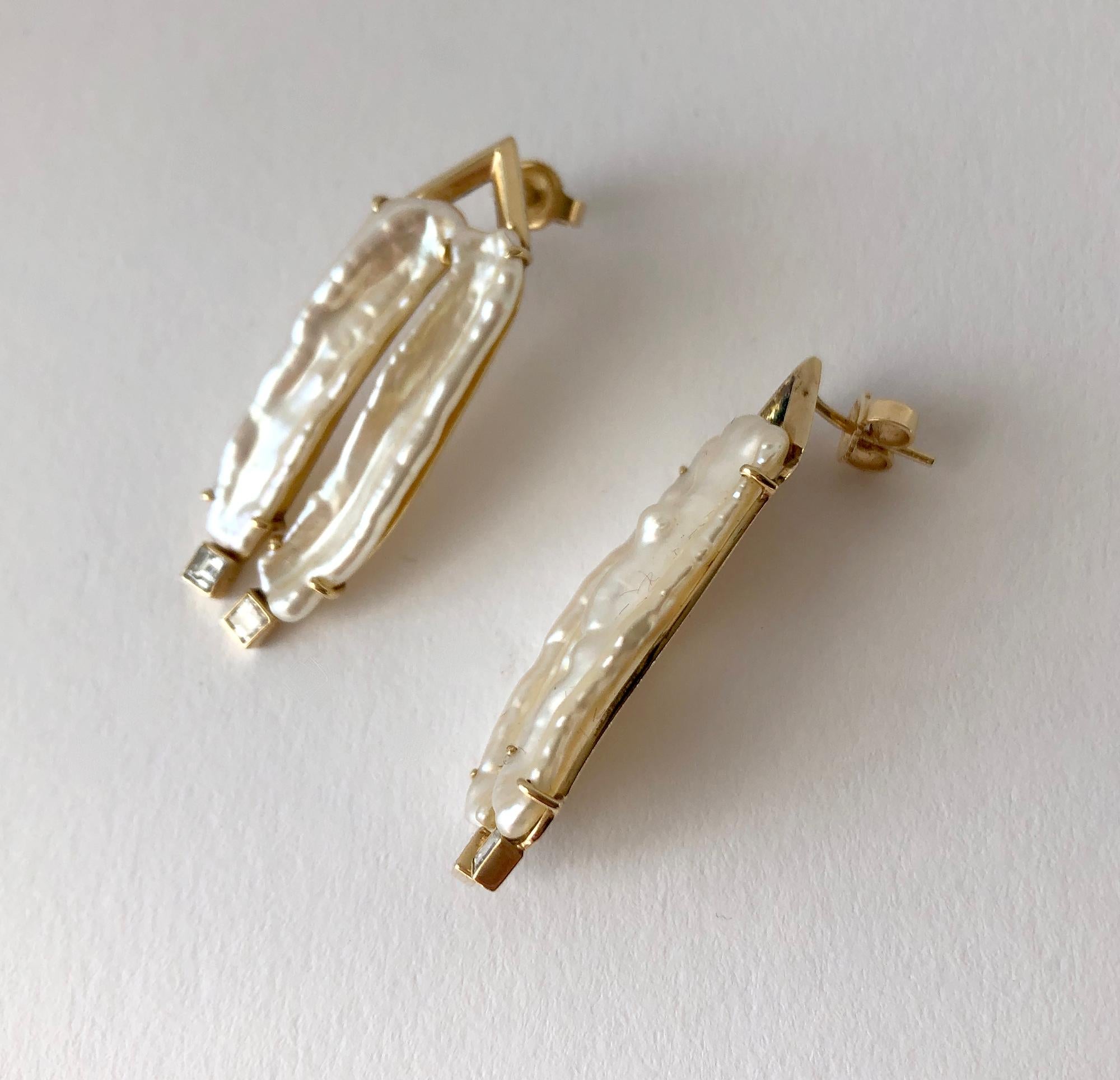 Square Cut Modern 14K Yellow Gold Diamond Stick Pearl Pierced Earrings