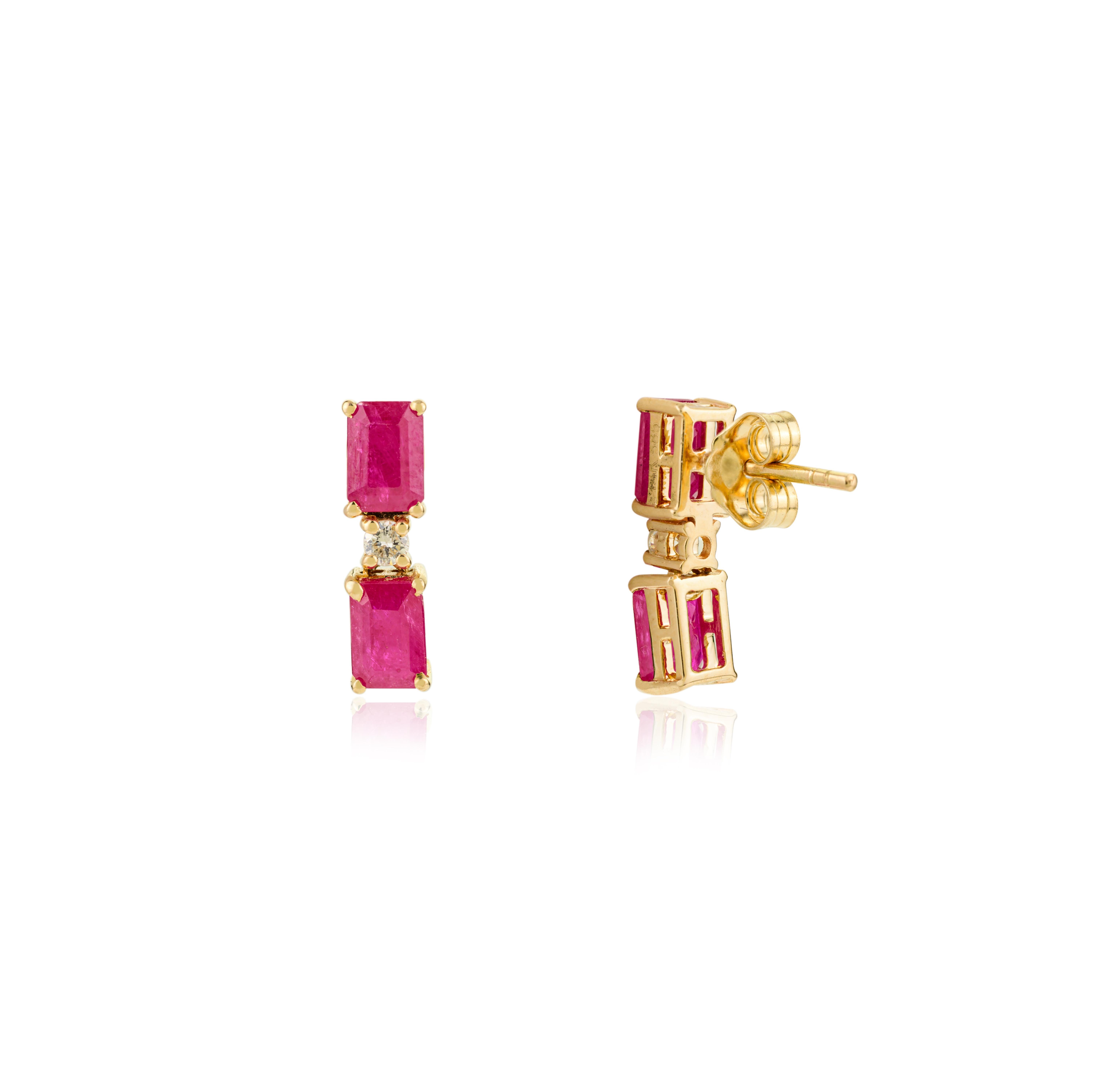 Octagon Cut Modern 14k Yellow Gold Emerald-Cut Ruby & Diamond Drop Stud Earrings for Her For Sale