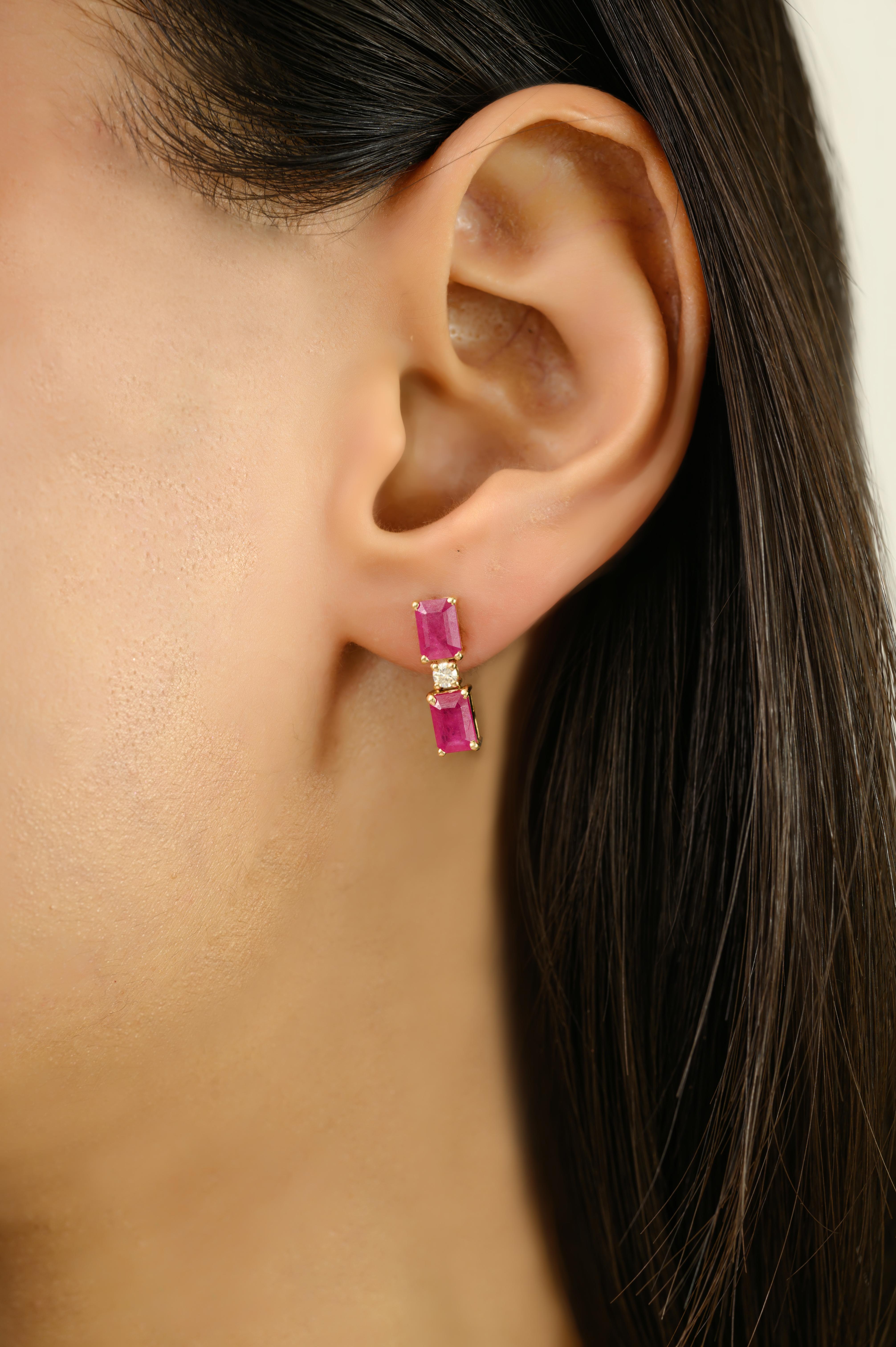 Modern 14k Yellow Gold Emerald-Cut Ruby & Diamond Drop Stud Earrings for Her In New Condition For Sale In New York, NY