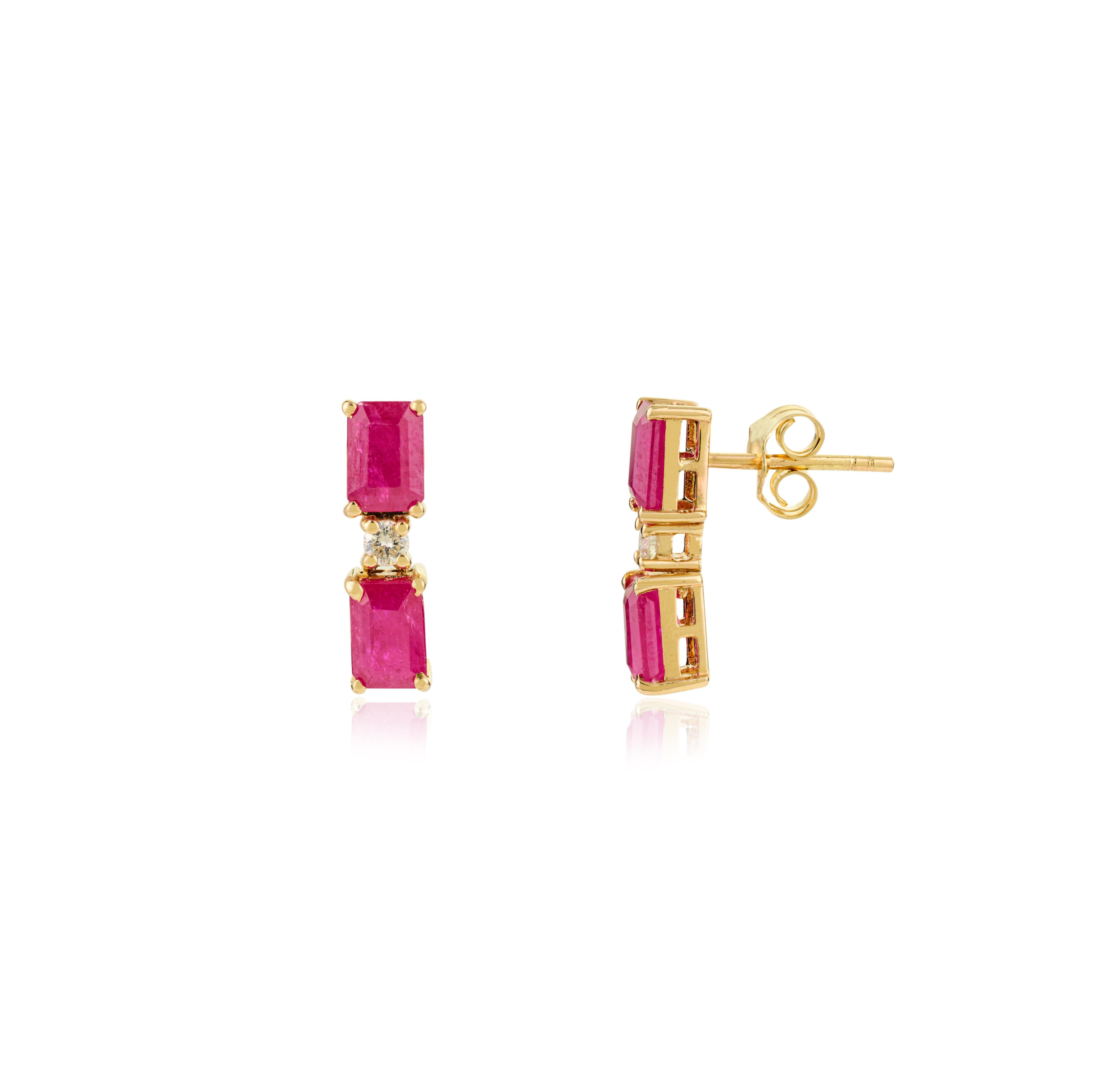 Women's Modern 14k Yellow Gold Emerald-Cut Ruby & Diamond Drop Stud Earrings for Her For Sale