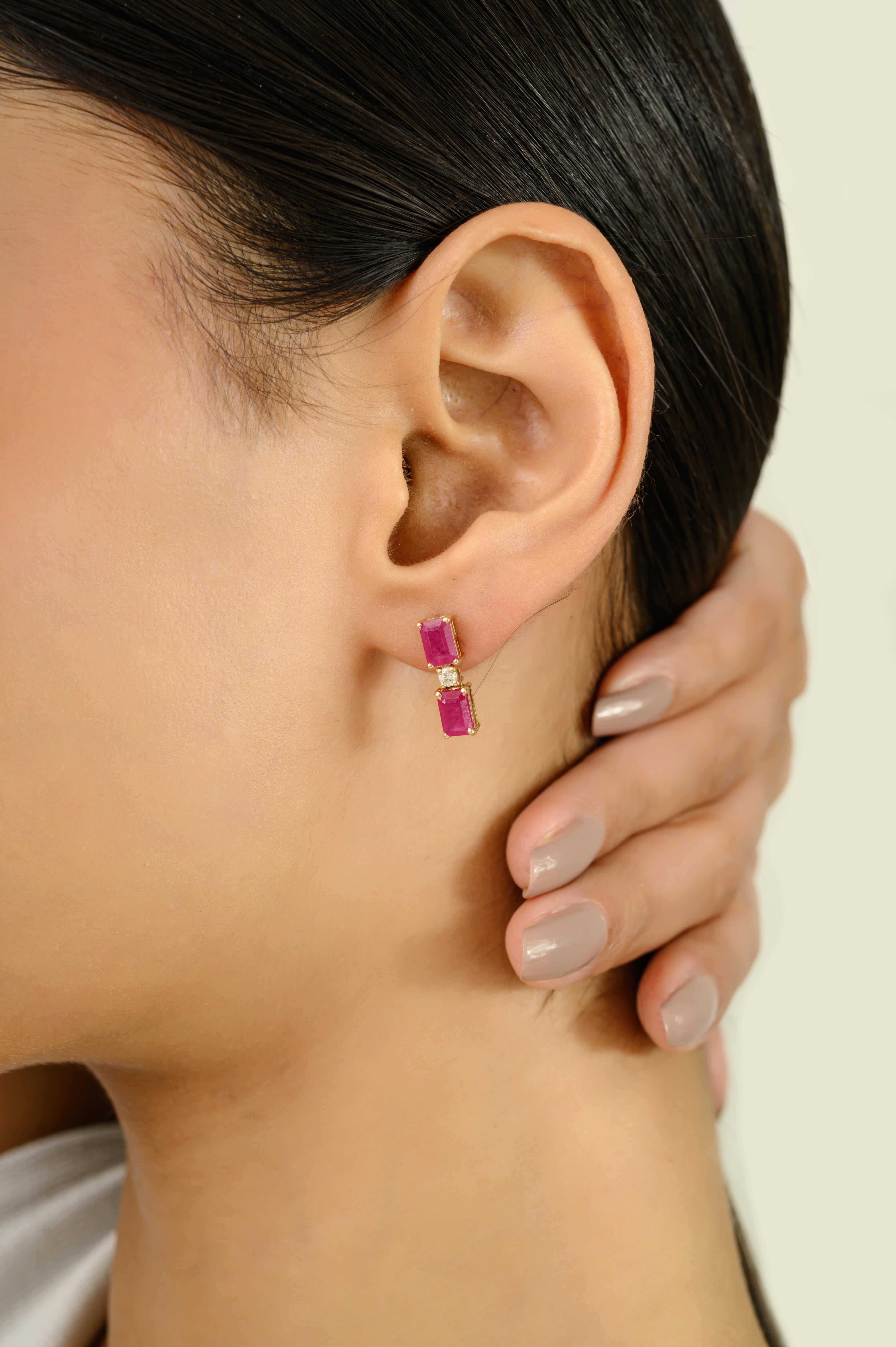 Modern 14k Yellow Gold Emerald-Cut Ruby & Diamond Drop Stud Earrings for Her For Sale 1