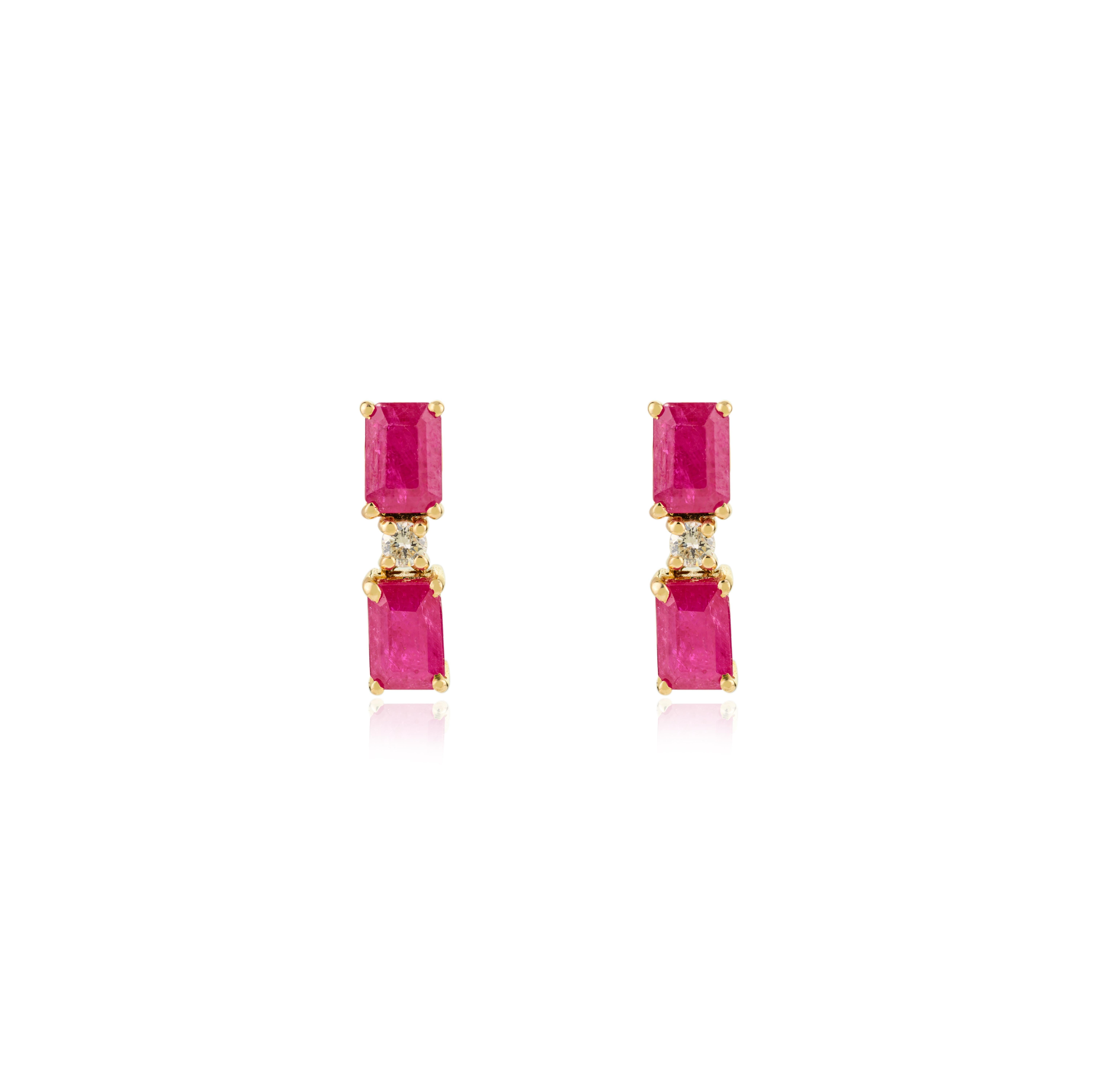 Modern 14k Yellow Gold Emerald-Cut Ruby & Diamond Drop Stud Earrings for Her For Sale 2