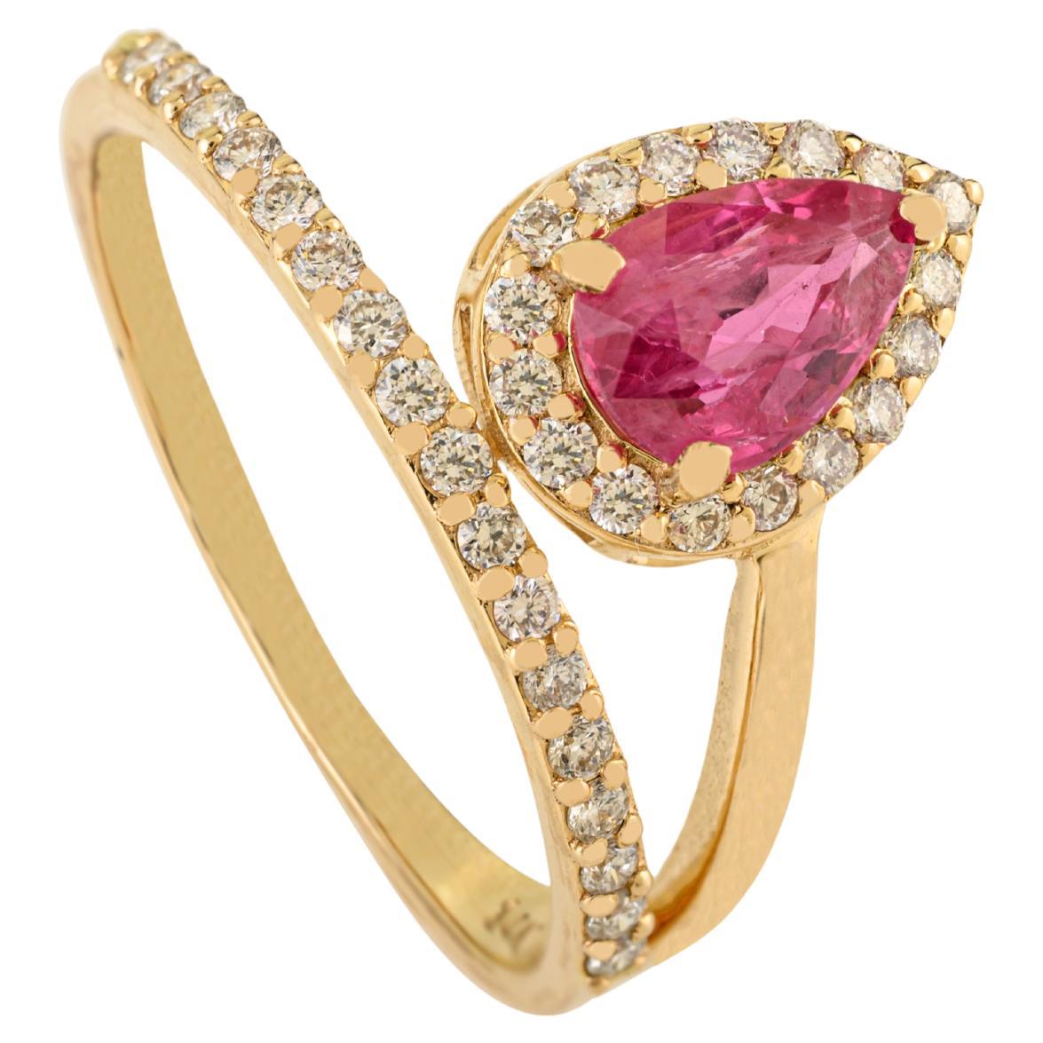 Bague flottante moderne en or jaune 14K avec halo de rubis en forme de poire de 1 ct et de diamants