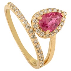 Modern 14K Yellow Gold Floating Ring with 1 Ct Pear Shaped Ruby & Diamond Halo