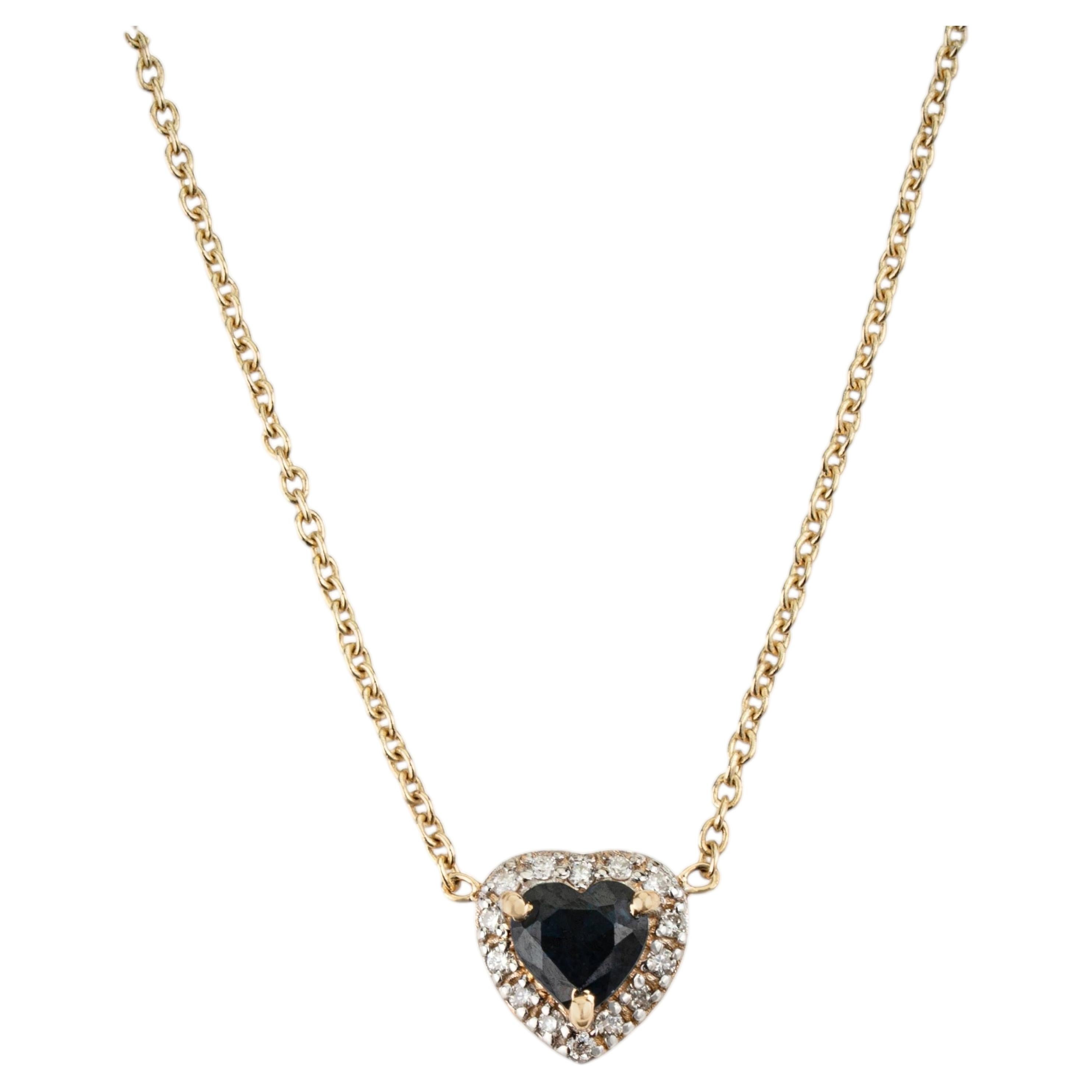 Modern 14K Yellow Gold Heart Blue Sapphire & Diamond Halo Pendant Necklace