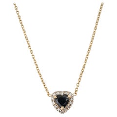 Modern 14K Yellow Gold Heart Blue Sapphire & Diamond Halo Pendant Necklace
