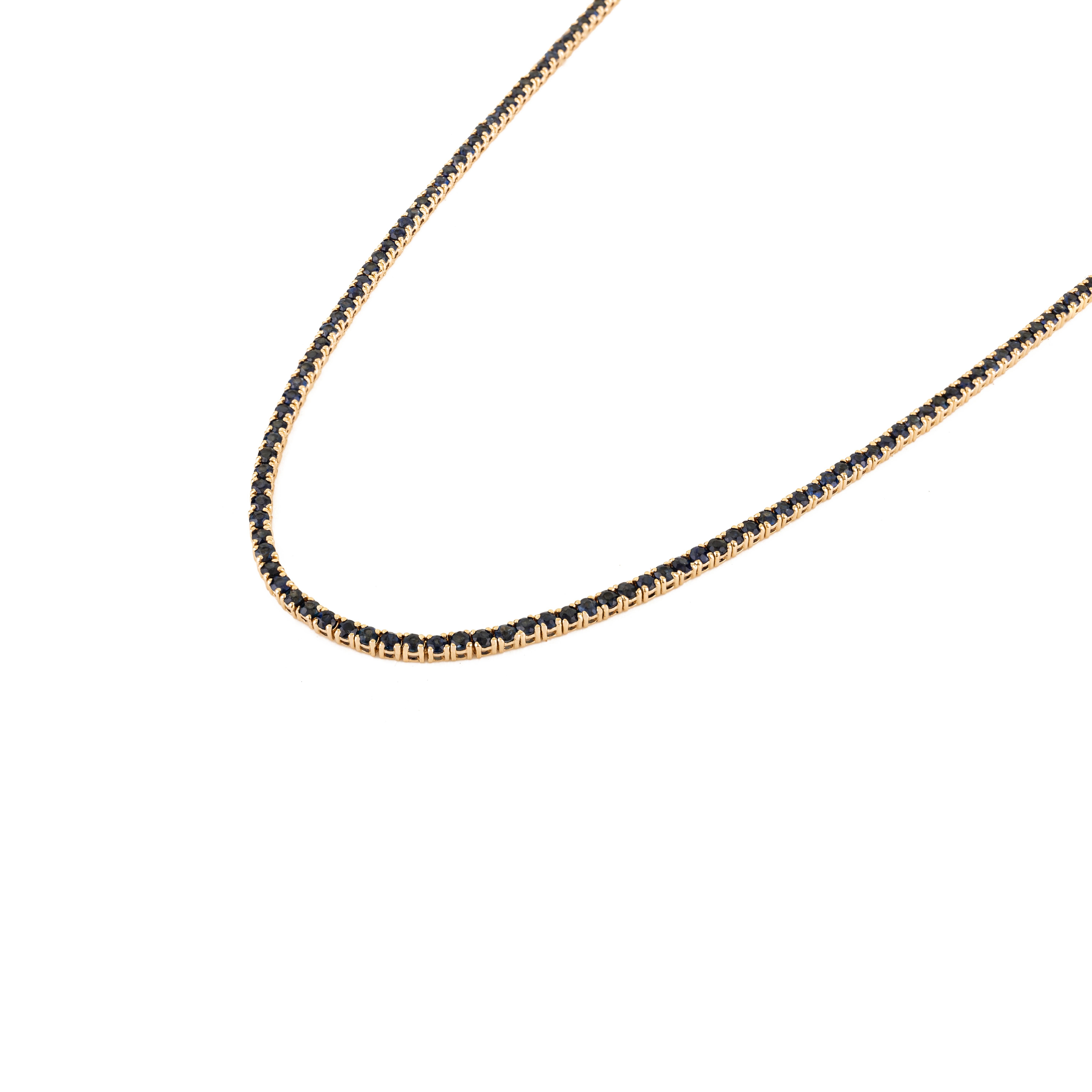 Collier de tennis moderne en or jaune 14K avec 9.46 Ct Round Deep Blue Sapphires Neuf - En vente à New York, NY