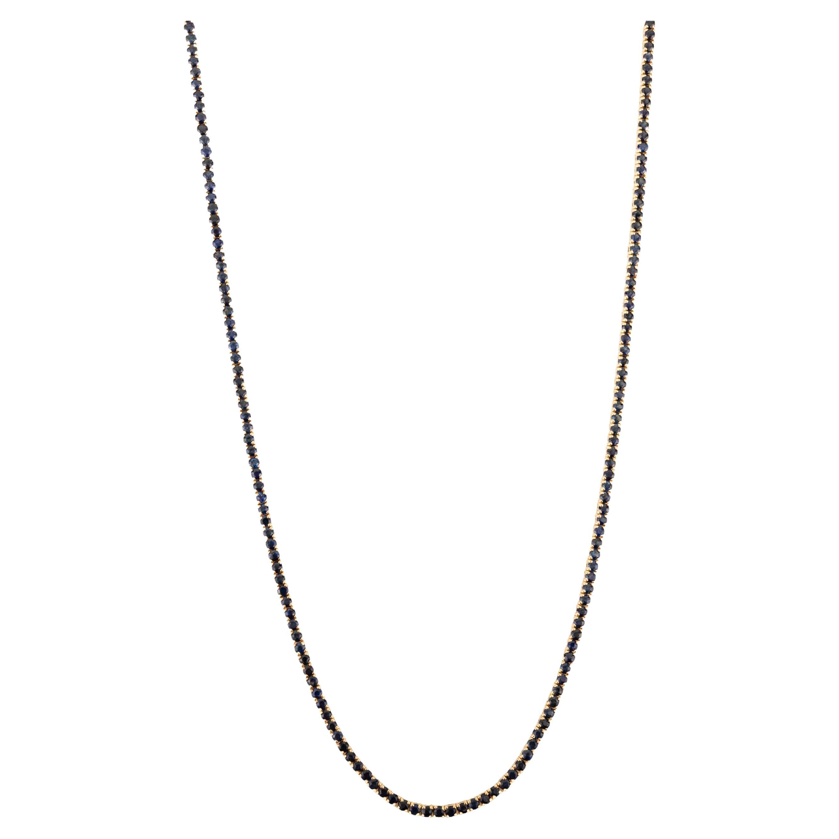 Modern 14K Yellow Gold Tennis Necklace with 9.46 Ct Round Deep Blue Sapphires