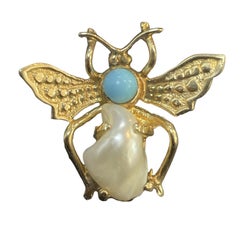 Modern 14K Yellow Gold Turquoise, Baroque Pearl, and Fly Brooch Pin