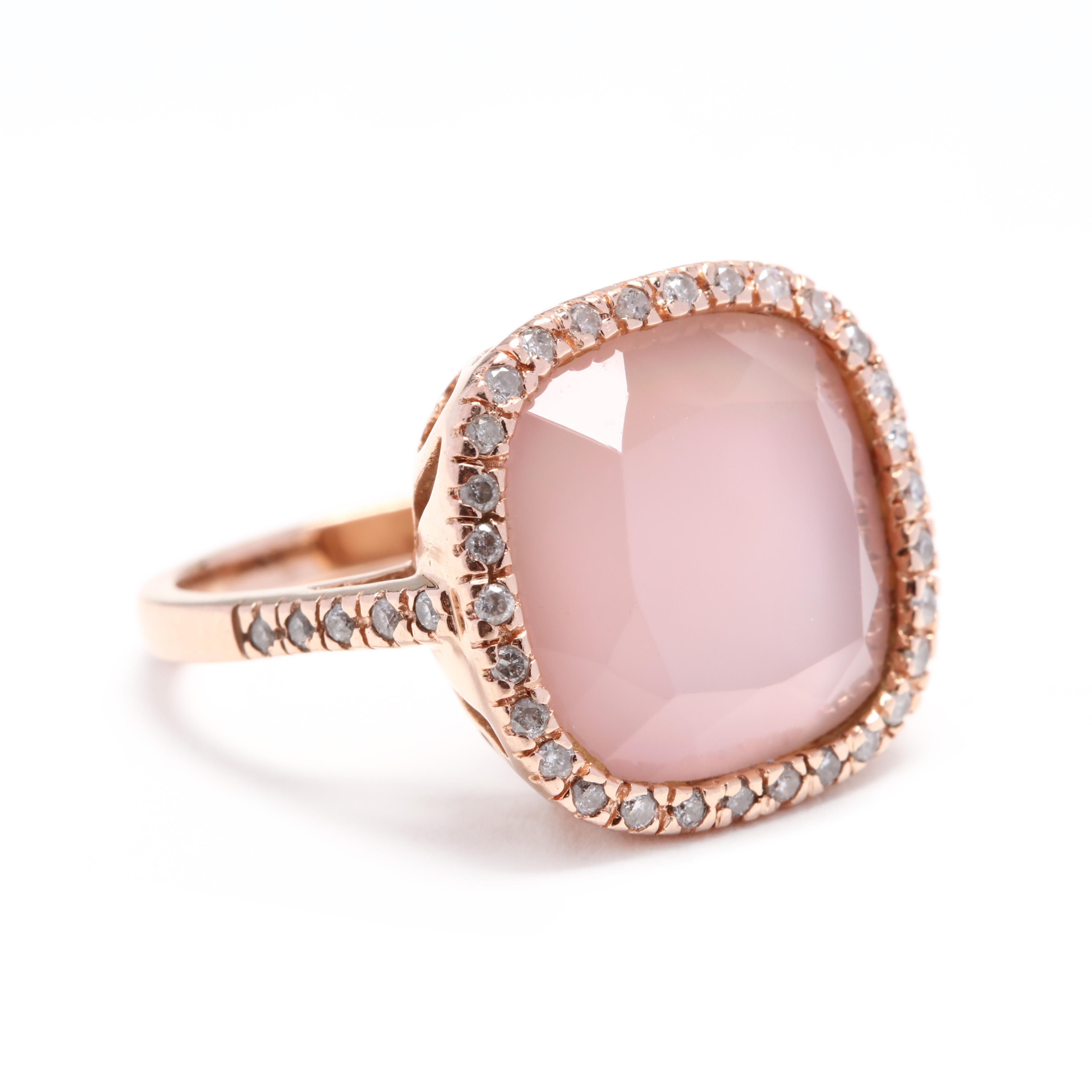 A modern 14 karat rose gold, rose quartz, mother of pearl, and diamond ring. A table cut rose quartz and mother of pearl doublet center stone surrounded by a halo of full cut diamonds and down the shank.

Stones:
- rose quartz & mother of pearl, 1
