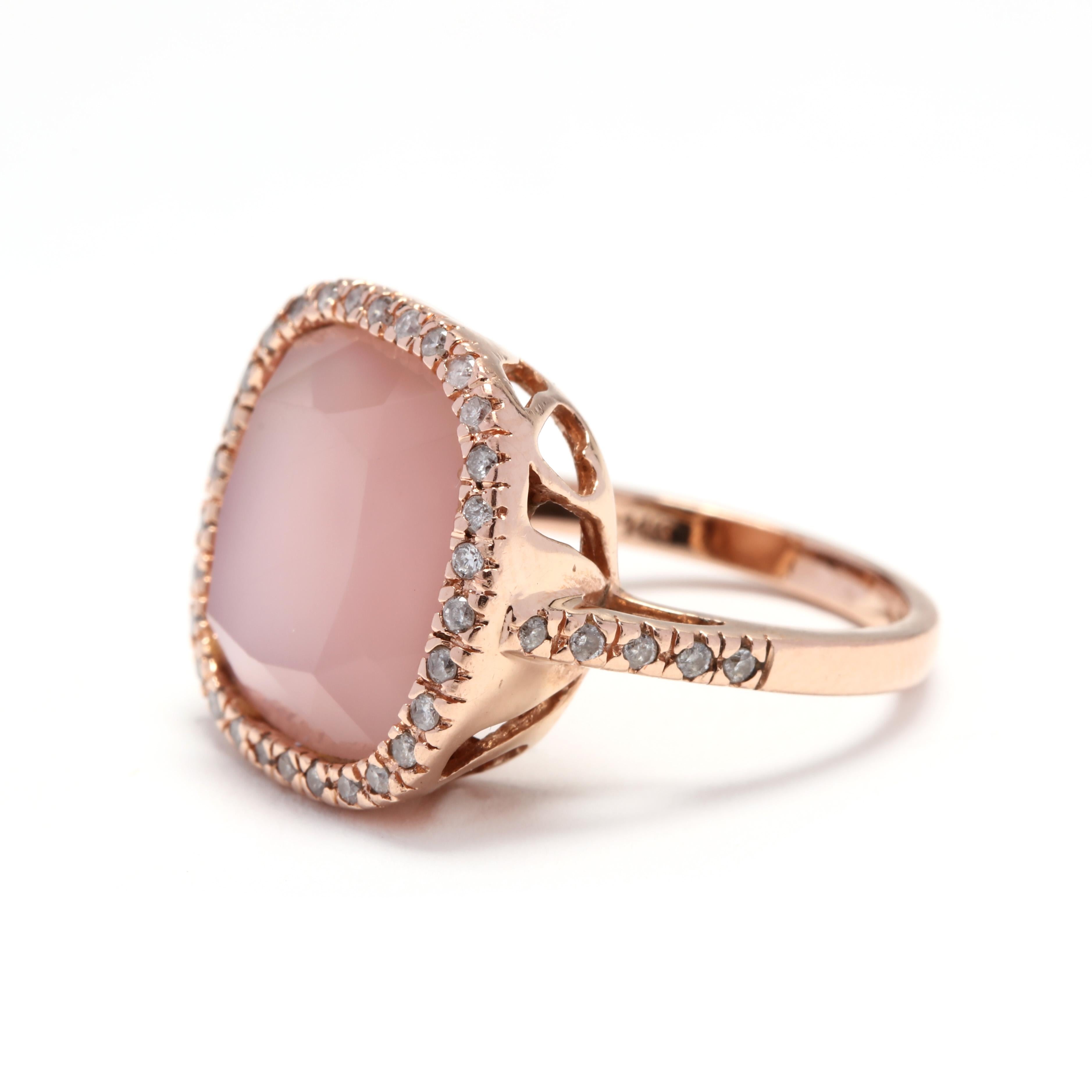 Modern 14 Karat Rose Gold, Rose Quartz, Mother of Pearl and Diamond Ring In Good Condition In McLeansville, NC