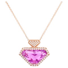 Modern 15 Carat Kunzite Diamond 14K Rose Gold Necklace