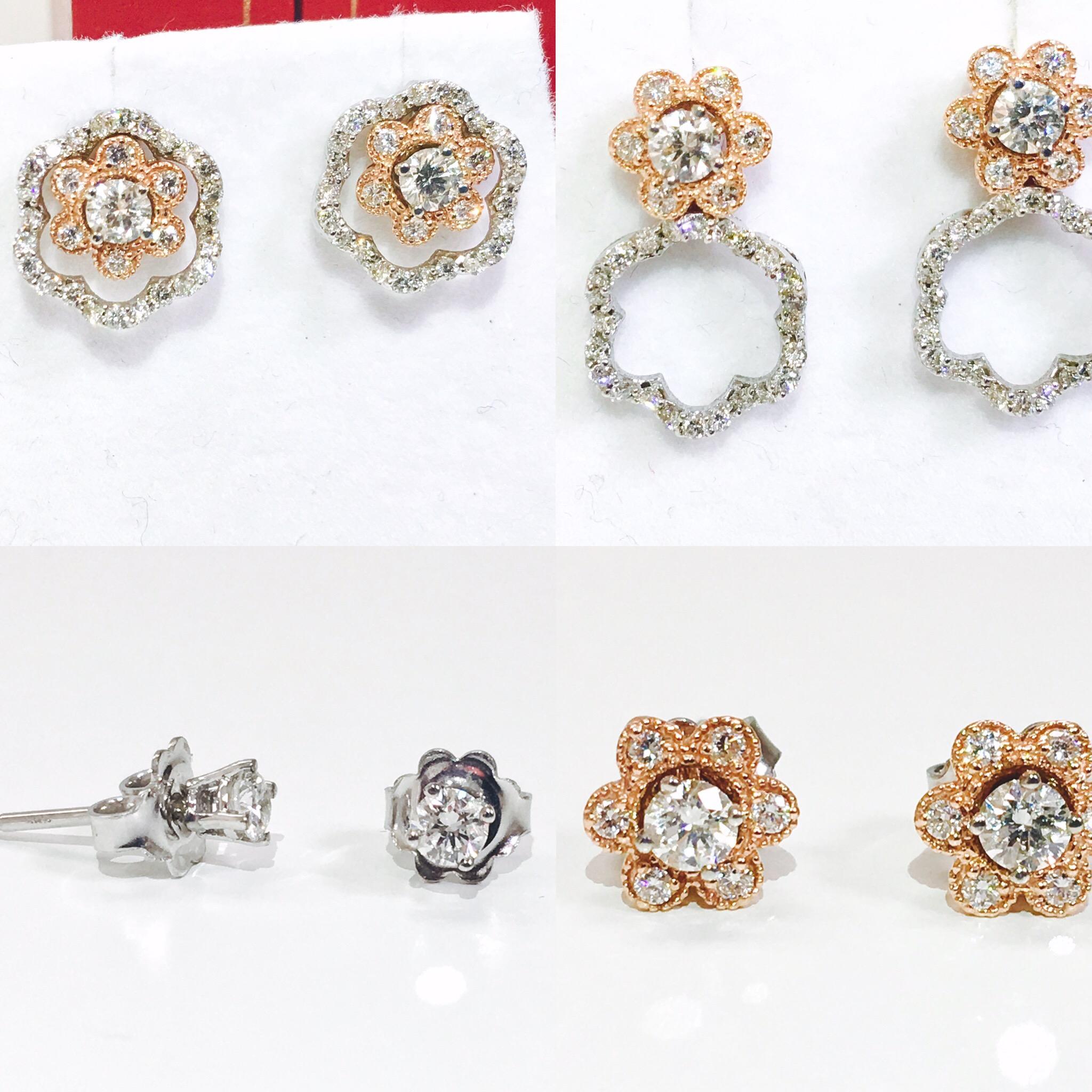 Metal: 14K white and rose gold (two tone)
1.50 carat diamonds. VS clarity and G color. Round brilliant cut. 100% natural earth mined diamonds.  
Can be styled 4 ways. 
1) Dangle
2) Studs with bezel
3) Flower style studs
4) Classic solitaire studs.