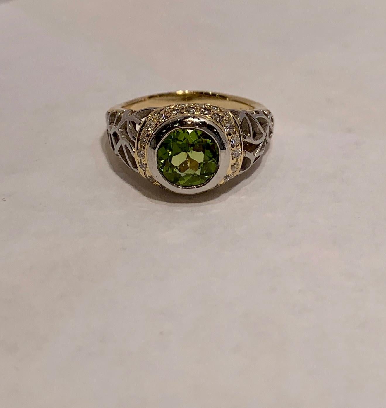 Women's Modern 1.6 Carat Peridot and Diamond Two-Tone Platinum and Yellow Gold Ring