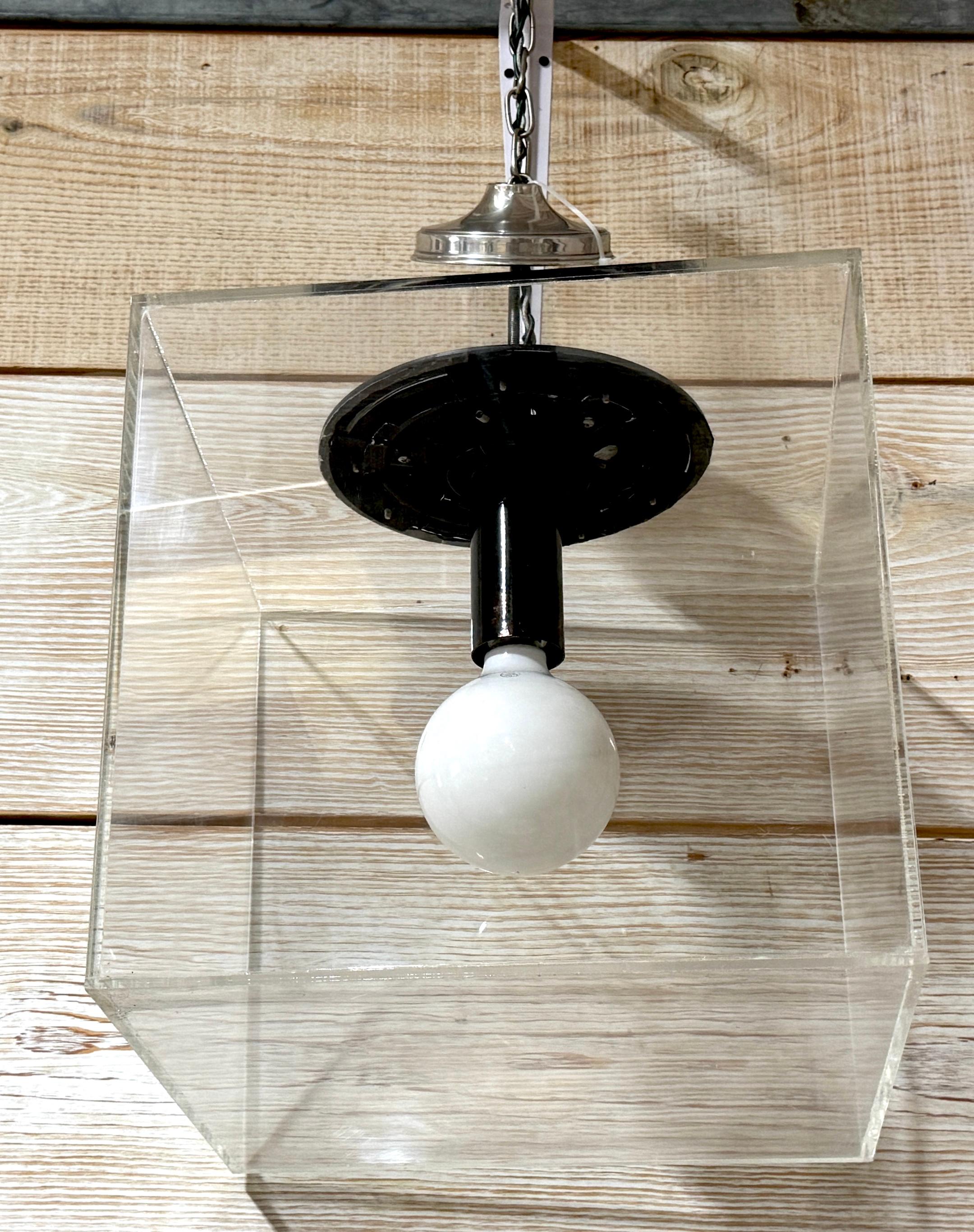 Metal Modern 16-Inch Cube Minimalist Lucite Chandelier For Sale