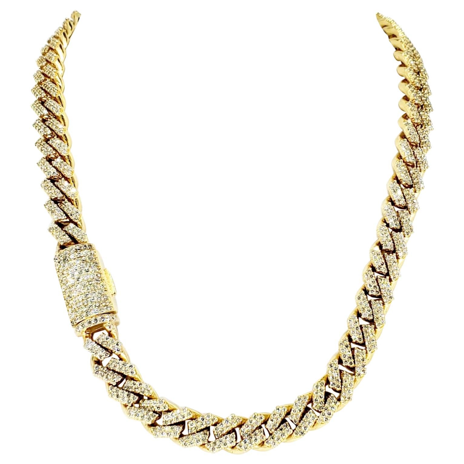 Modern 16.20 Carat Diamonds 9mm Wide Cuban Link Choker Chain. This handmade Miami Cuban link chain includes approx 1200 diamonds totaling approx weight 16.20 carat. The chain is heavy weighting a total of 113.5g and is made in 10k solid gold. The