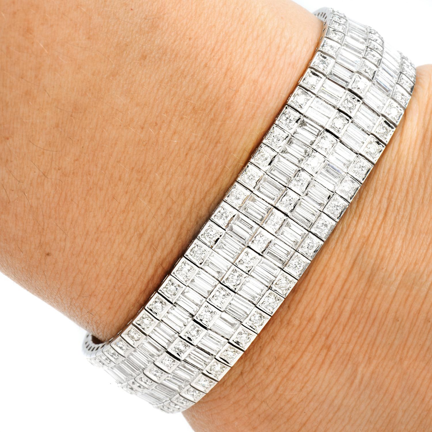 Baguette Cut Modern 16.72cts Diamond Platinum Double Line Wide Link Bracelet