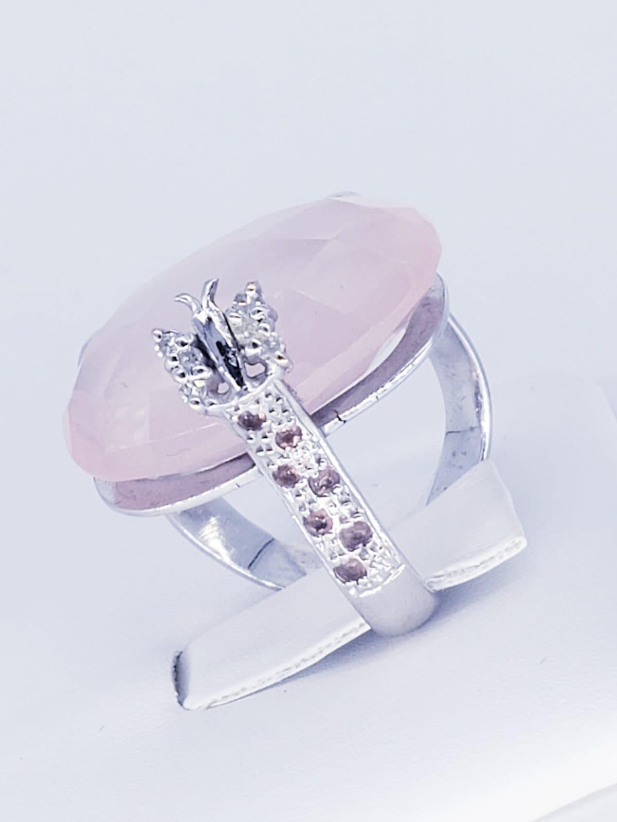 Modern 16.78 Carat Rose Quartz Butterfly Diamond Pinky Cocktail Ring In Good Condition For Sale In Miami, FL