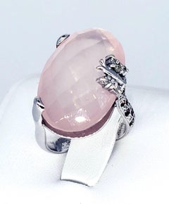 Modern 16.78 Carat Rose Quartz Butterfly Diamond Pinky Cocktail Ring