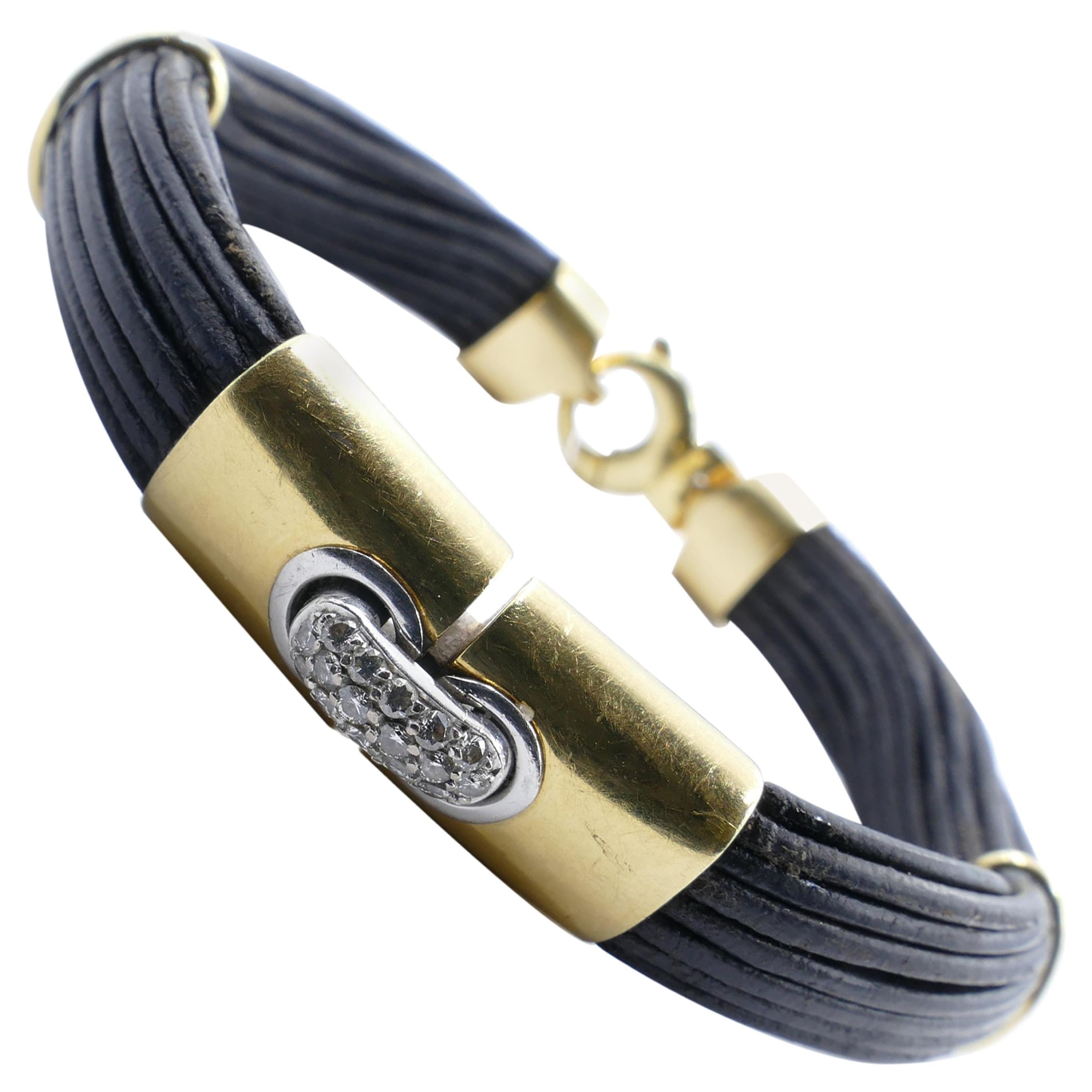 Modern 18 Carat Yellow and White Gold Diamond Leather Cord Bracelet For Sale