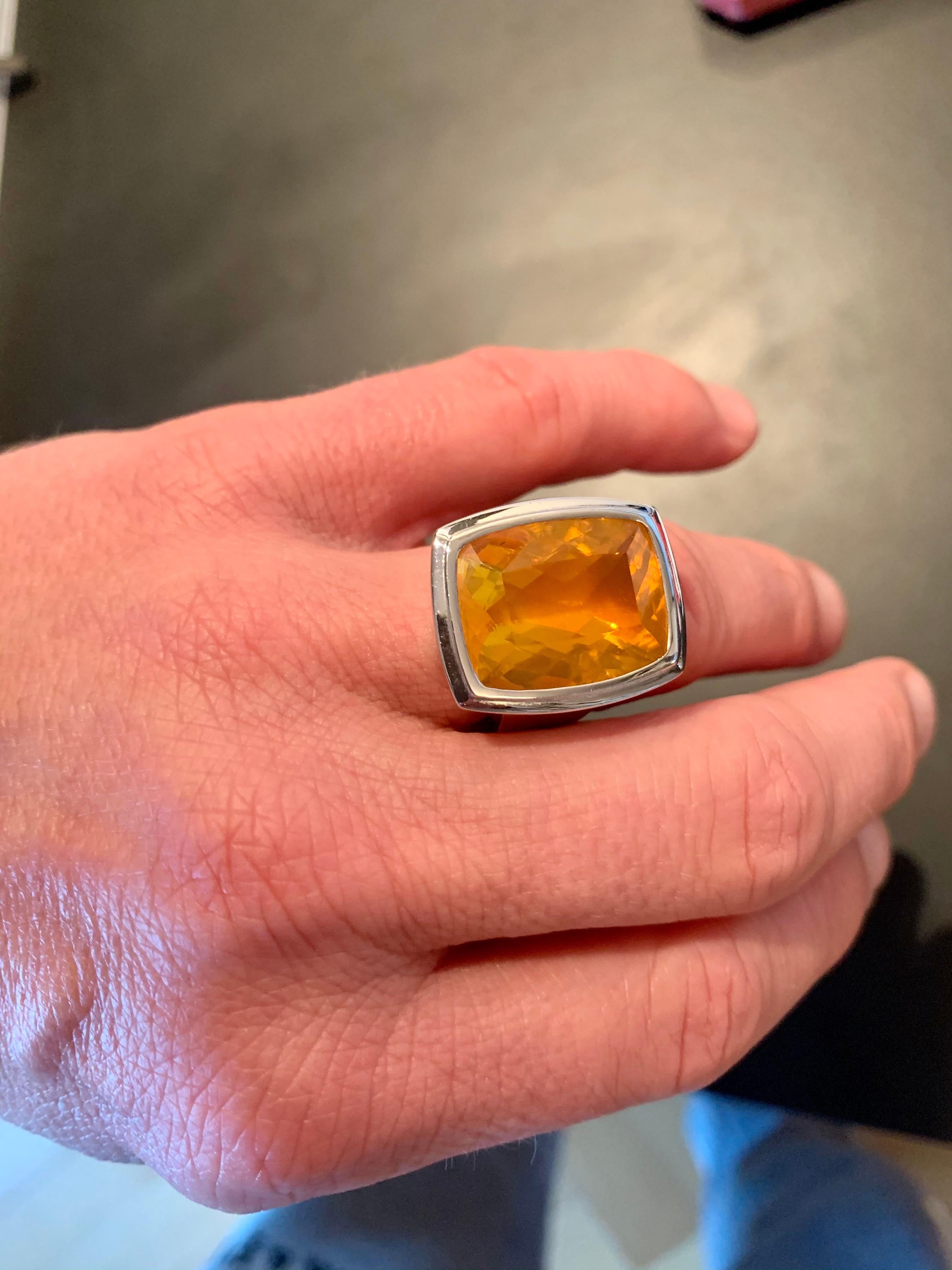 Modern 18 Karat Whitel Gold Statement Ring with Mexican Fire Opal For Sale 7