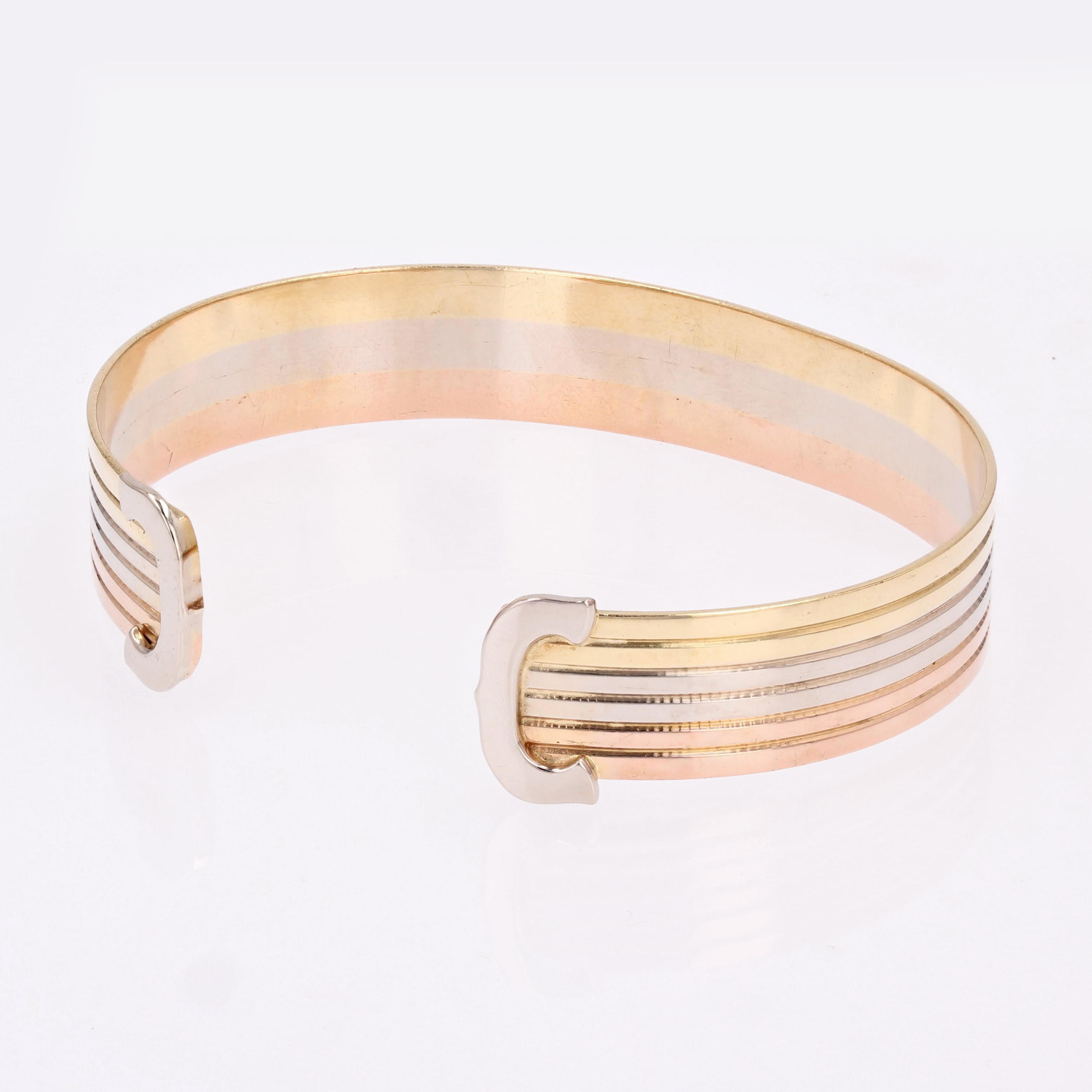 Modern 18 Karat 3 Golds Double C Cartier Style Bangle Bracelet In Excellent Condition In Poitiers, FR