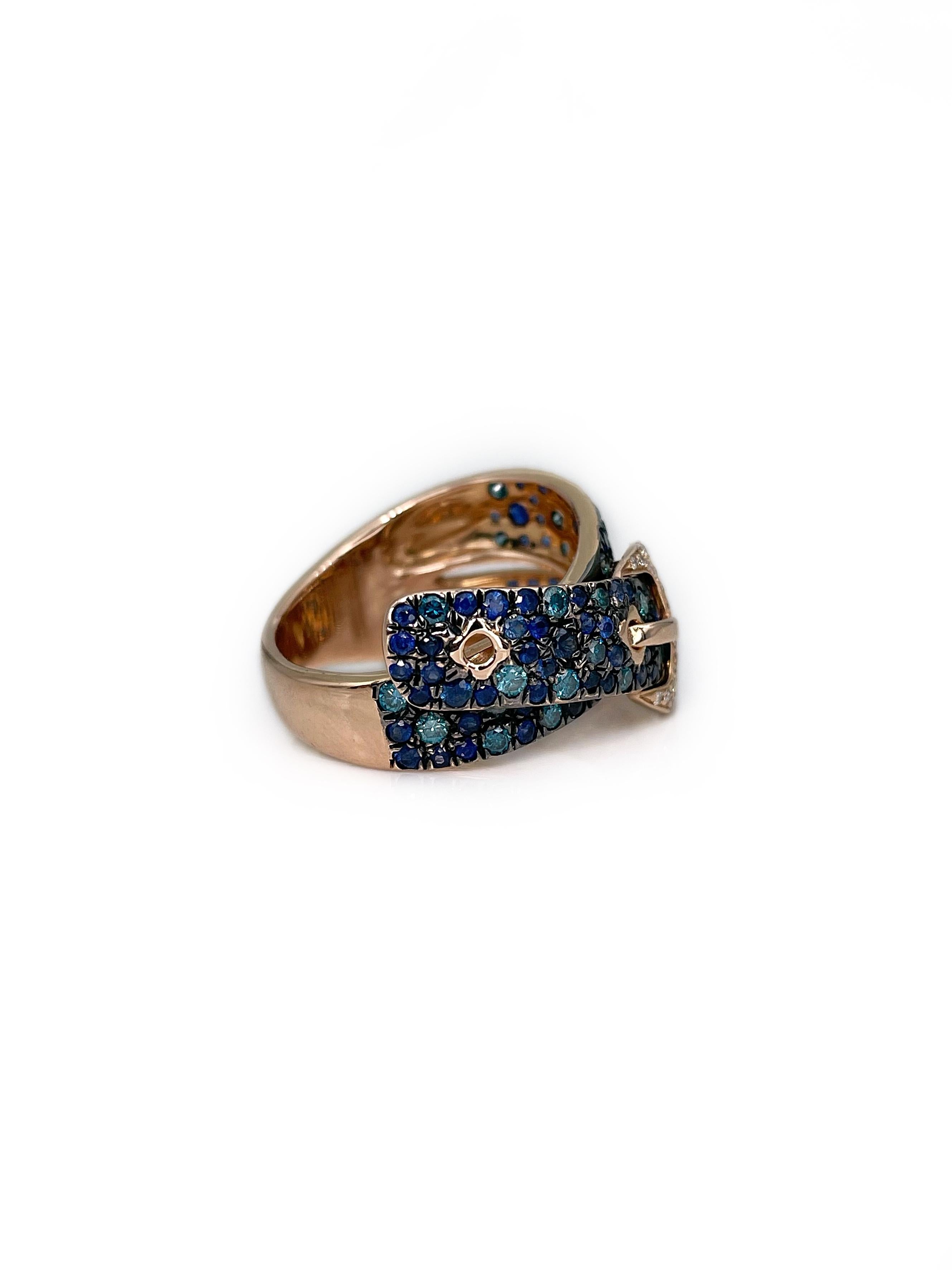 Round Cut Modern 18 Karat Gold 0.45 Carat Blue Diamond 0.80 Carat Sapphire Buckle Ring