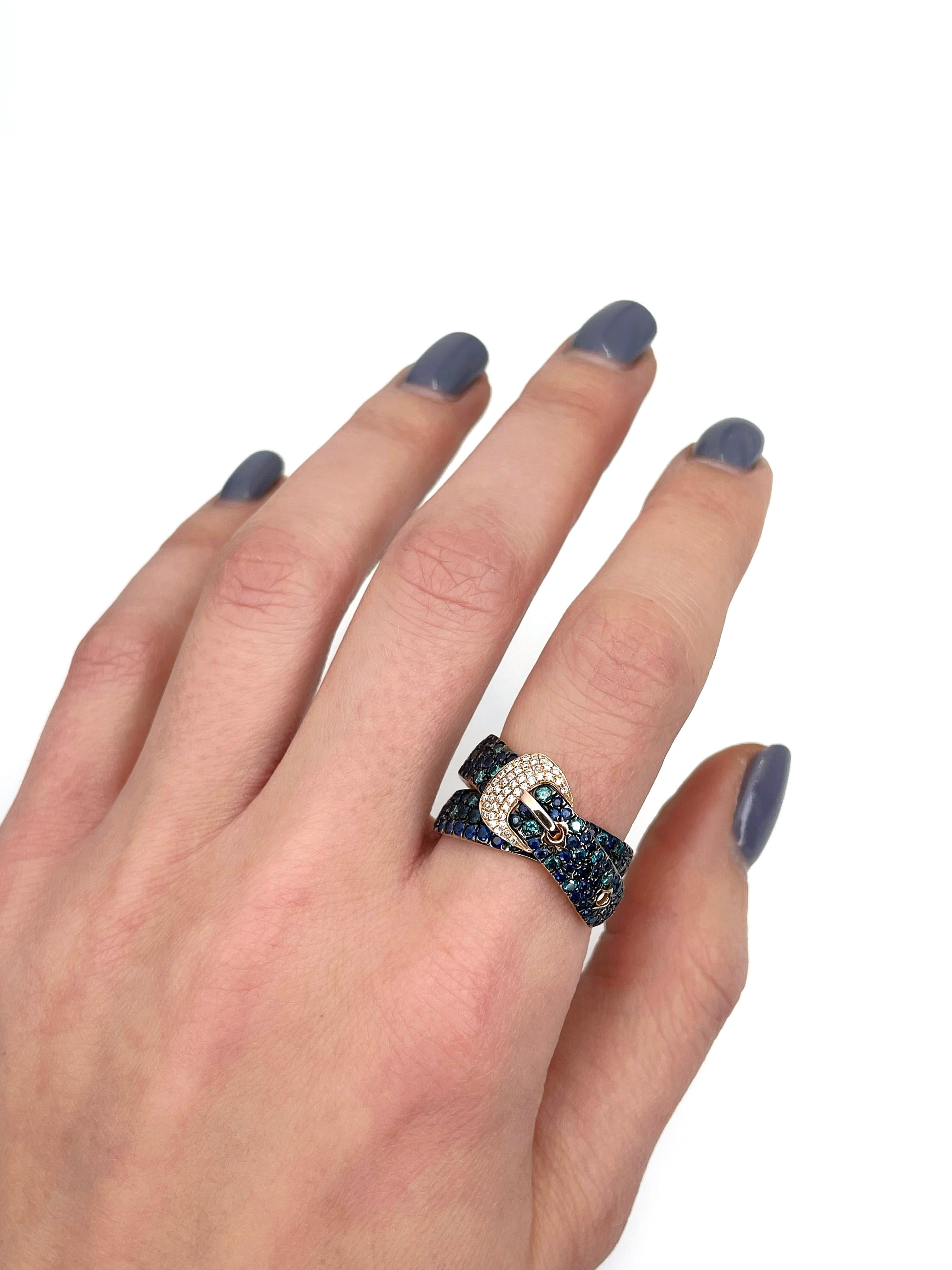 Women's Modern 18 Karat Gold 0.45 Carat Blue Diamond 0.80 Carat Sapphire Buckle Ring