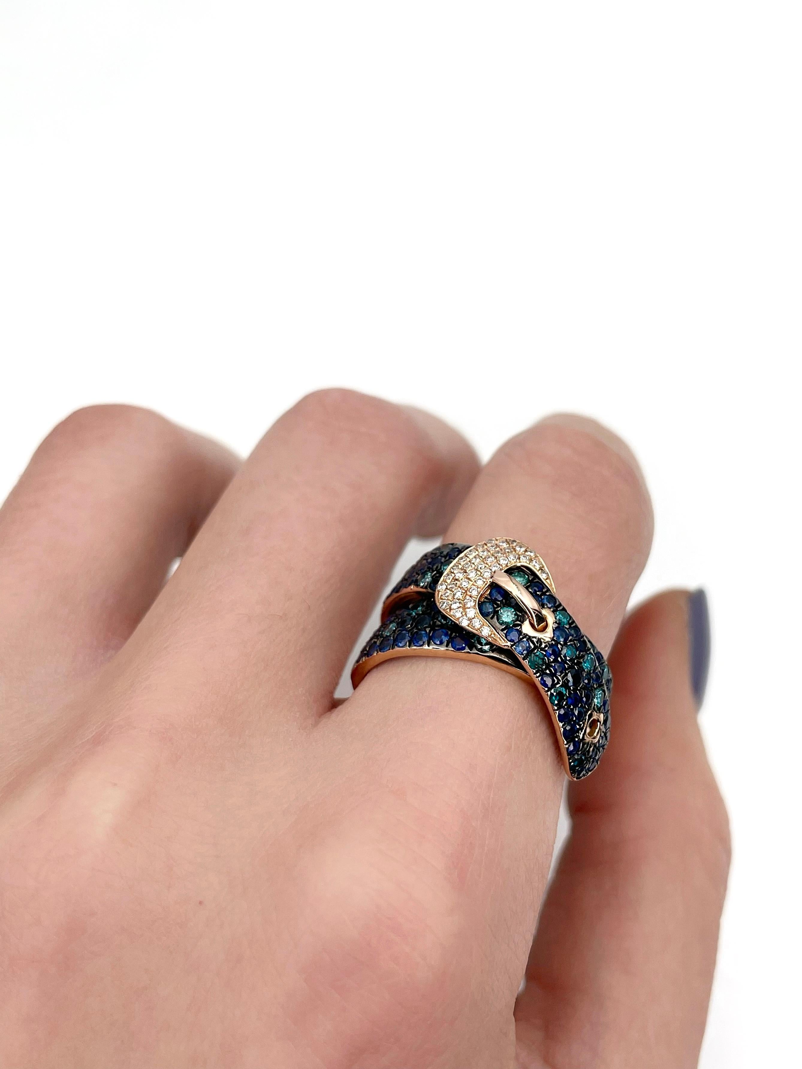 Modern 18 Karat Gold 0.45 Carat Blue Diamond 0.80 Carat Sapphire Buckle Ring 2